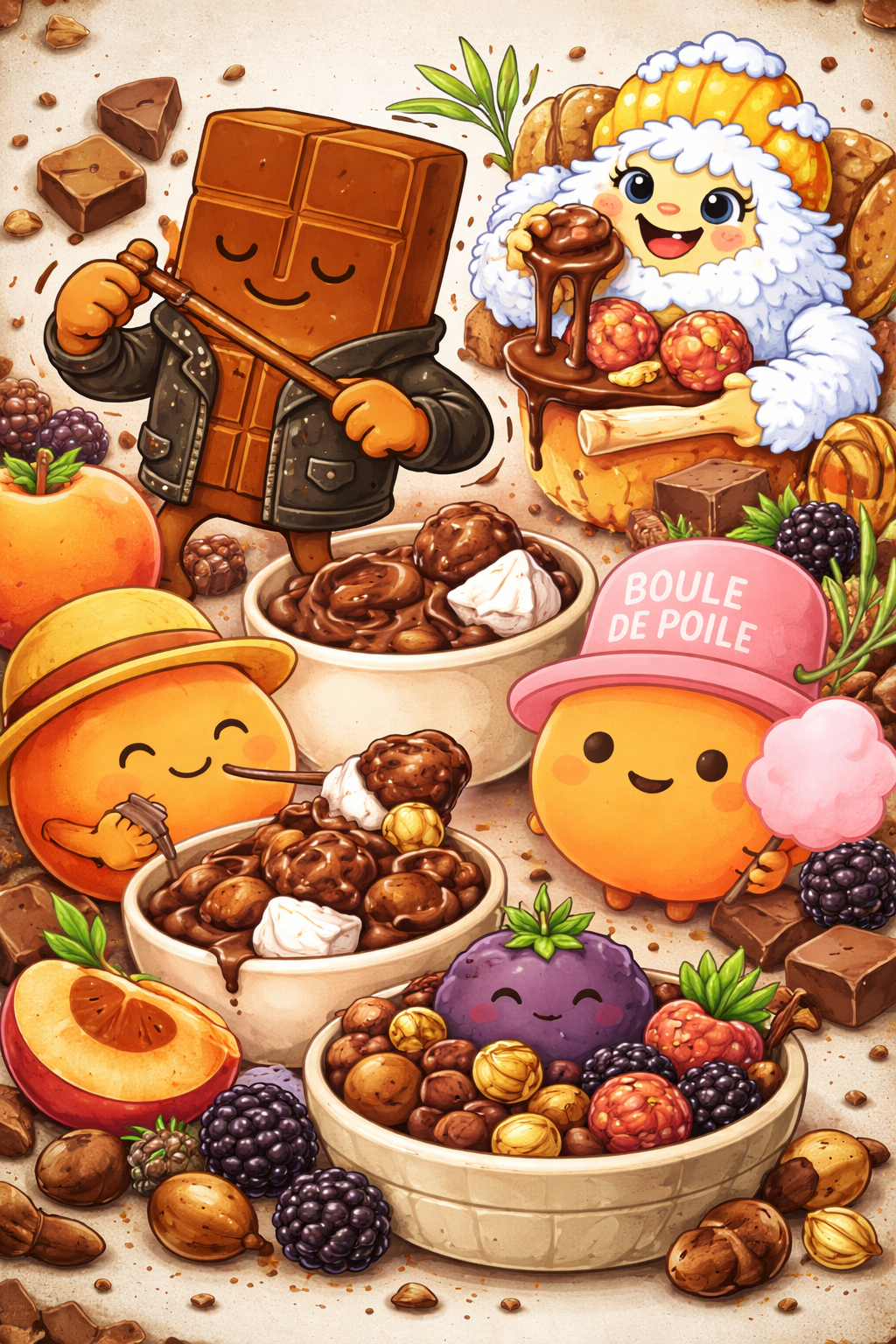 Illustration de personnages mignons déguisés en chocolat, avec fruits, noisettes, et boules de poule, partageant une ambiance gourmande et joyeuse.