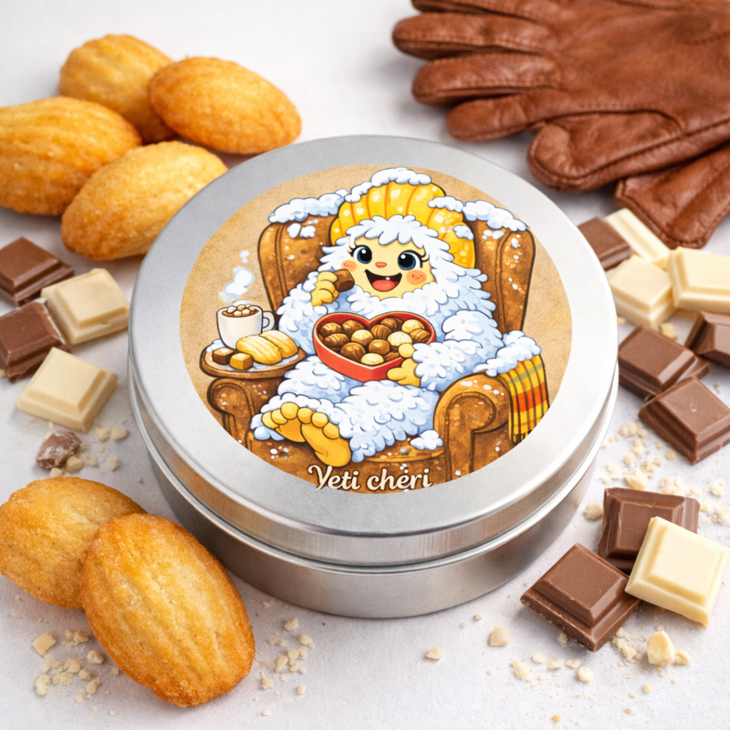 Boite métallique ronde contenant un fondant parfumé avec  une étiquettes d'un yéti souriant en hiver, entouré de chocolat blanc et au lait, biscuits et madeleines, sur fond blanc.