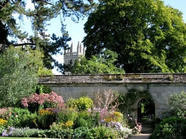 Colorful garden with flowers and greenery in front of an old stone wall and archway; a church tower is visible in the background amidst trees.