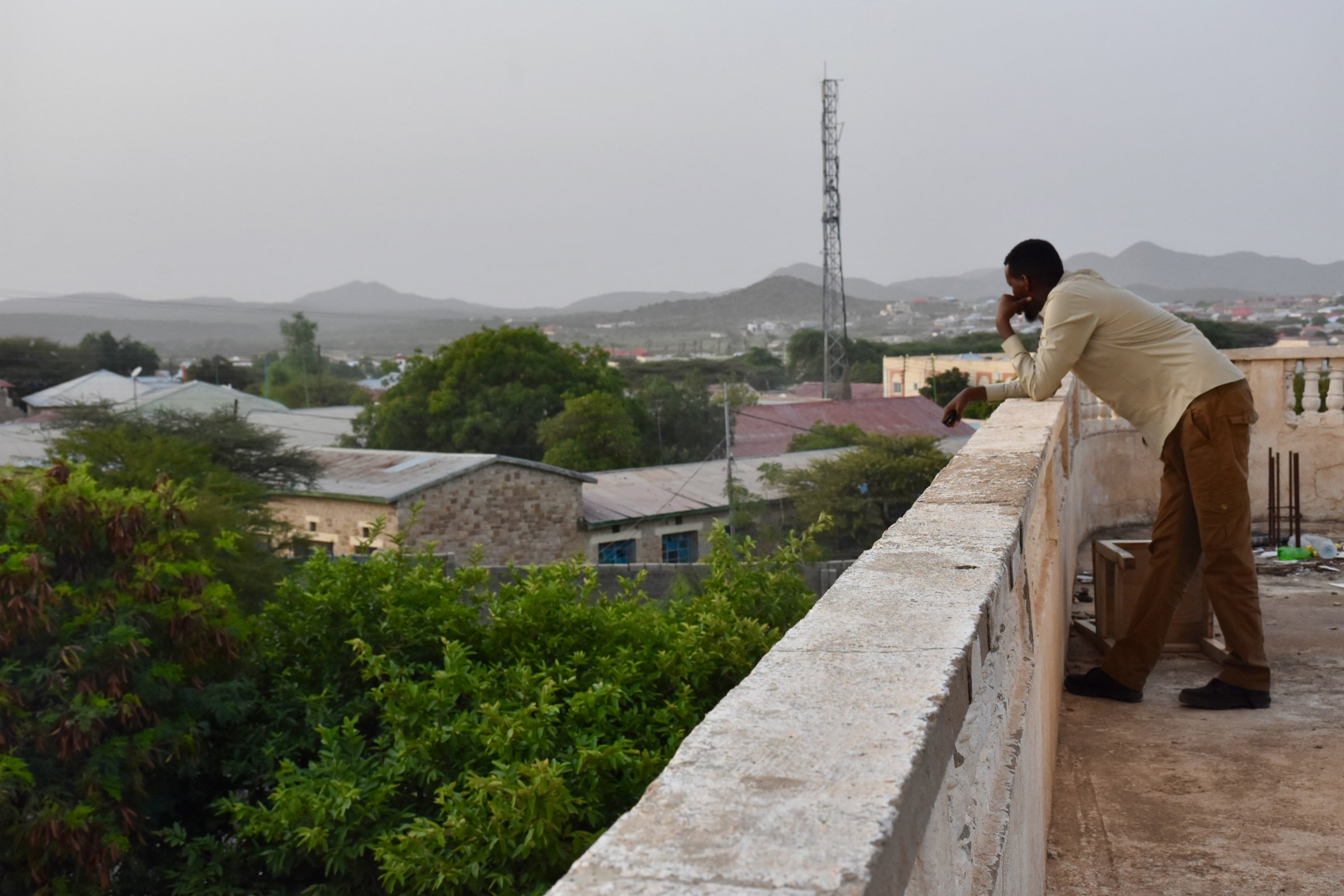 A man surveys an urban landscape with green trees while resting on a wall