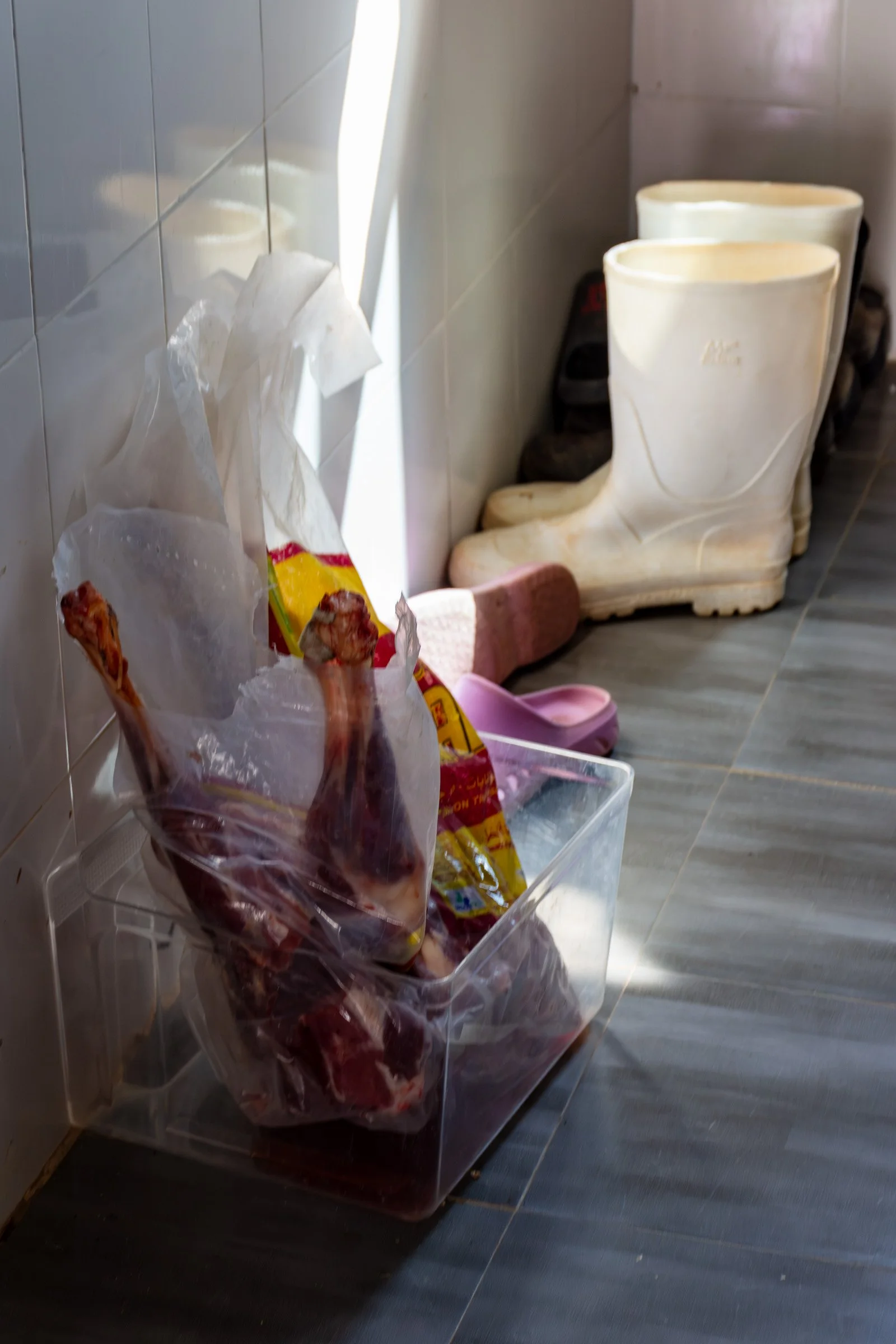 Shoes and meat carcasses are lined up against a wall