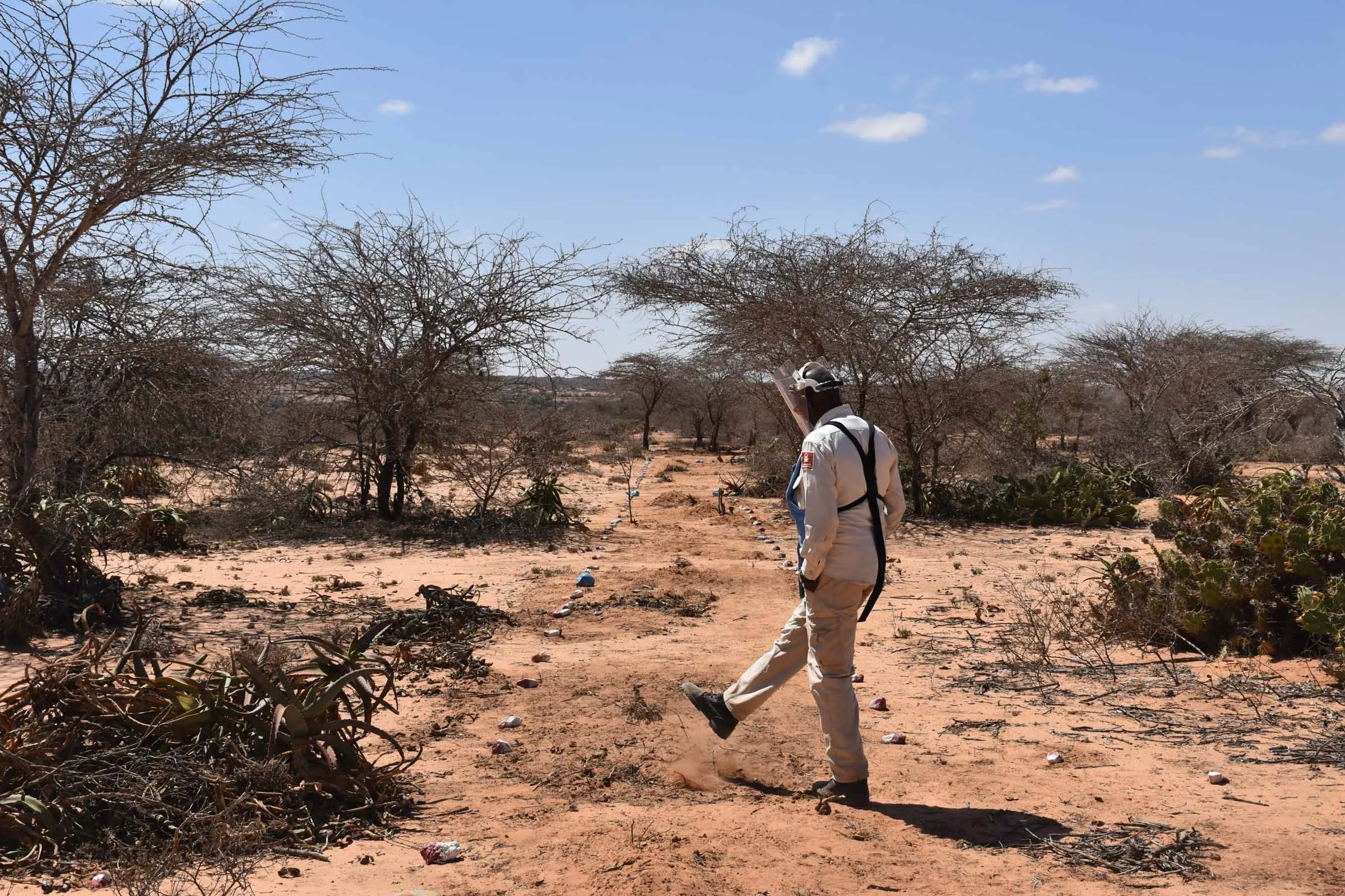 A man wearing personal protective equipment steps between two sides of a minefield marked by red and white painted stones