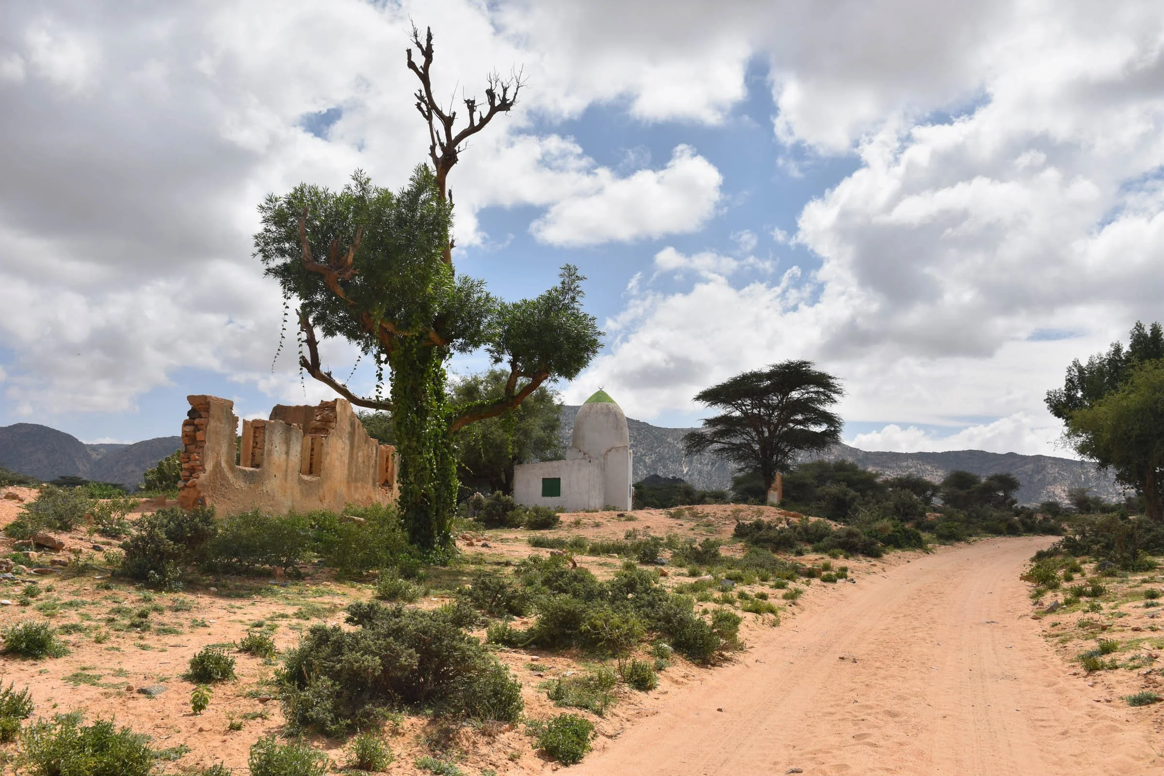 A mosque and ruined building stand by a rough road stretching into the distance