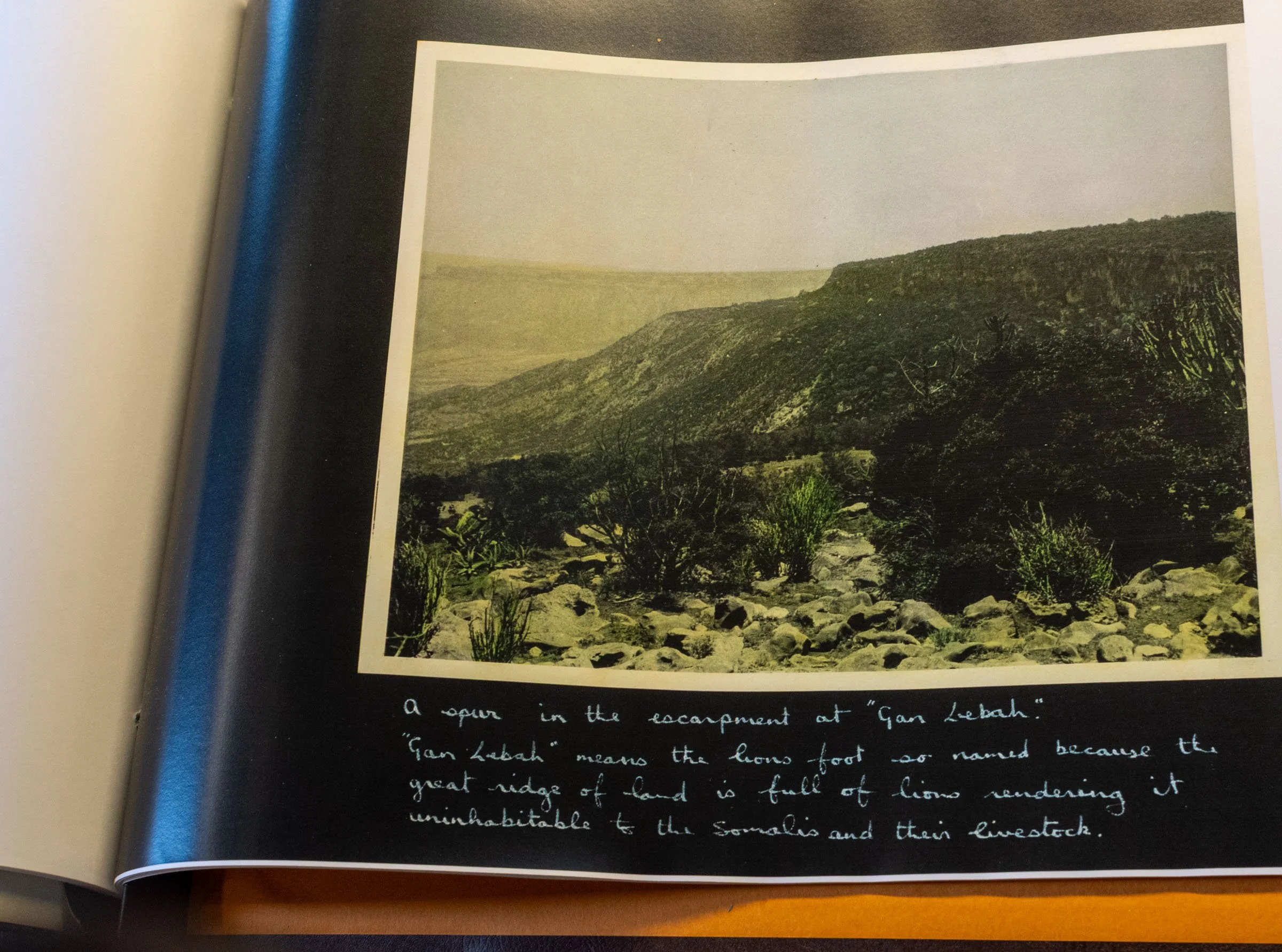 Archive photograph in an album of Gacan Libaax escarpment, by Kenneth Rossi, 1945-1948