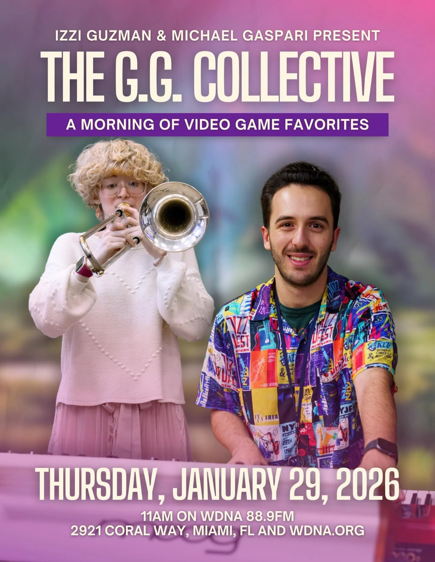 We are super excited to play some jazz music derived from beloved video game soundtracks on air at the WDNA radio station!  Tune in at 11:00 on Thursday, January 29th.

Poster Design @izzimakesmusic

#wdna #miamijazz #videogamemusic #jazzpiano #jazzt
