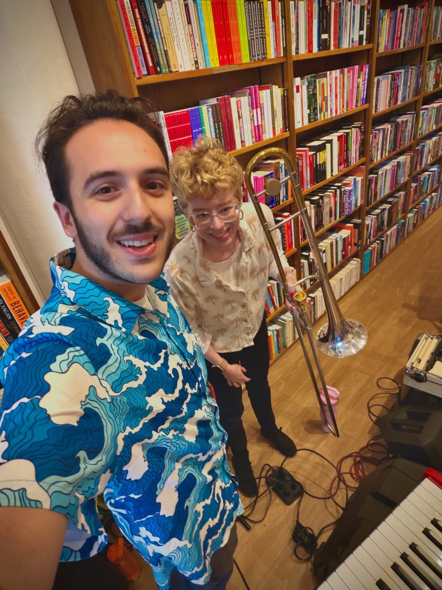 The G.G. Collective duo of @izzimakesmusic and @michaelgasparimusic had a great time performing last night at @thebiscaynepoet &lsquo;s poetry open mic at Books &amp; Books! 🩷💜 Thank you Oscar for having us! 🪊🎹