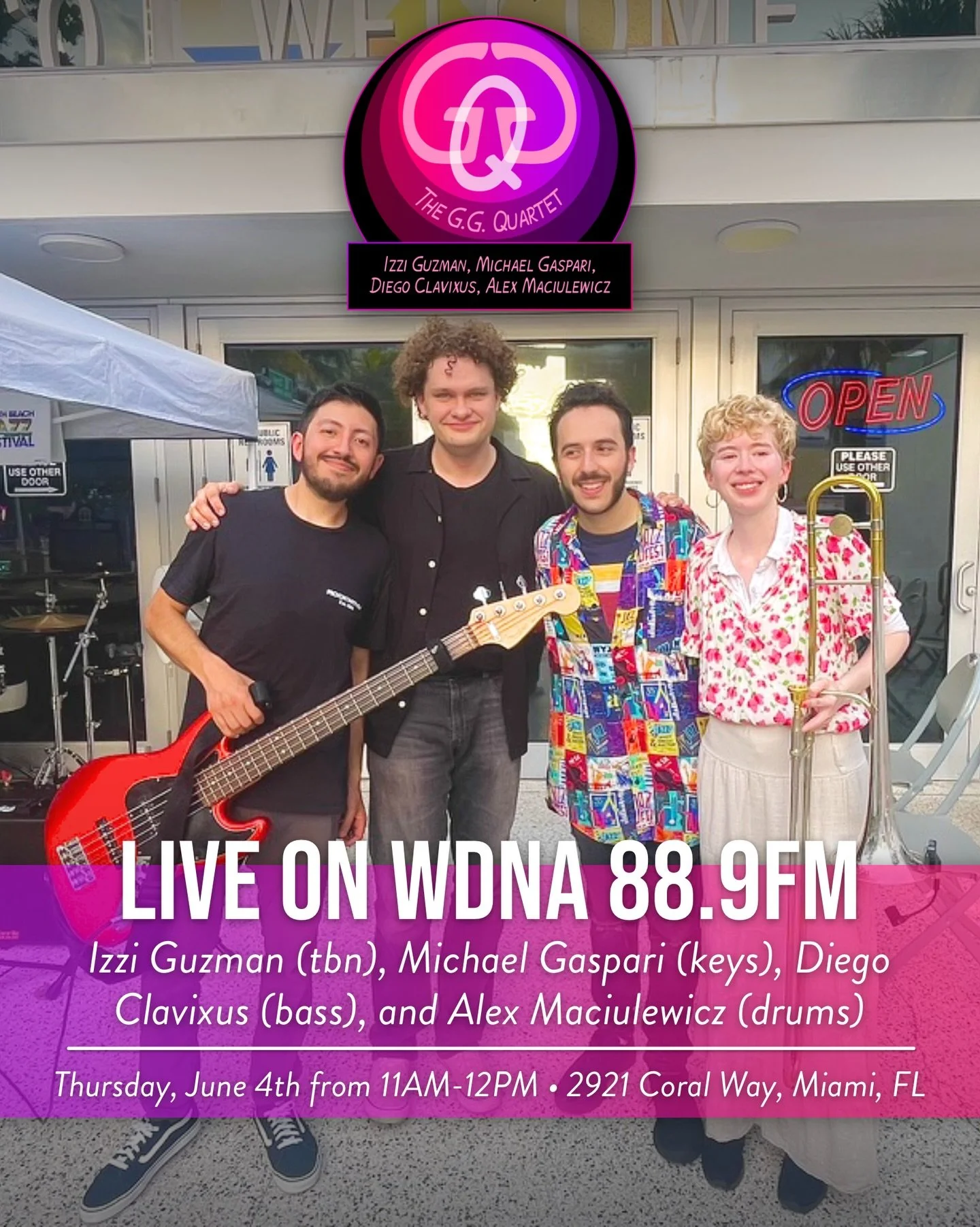 Tune in to WDNA 88.9FM this Thursday at 11AM EST to hear The G.G. Quartet play a set on the Frost Jazz Hour! We&rsquo;ll be bringing some of our favorite songs from our setlist to the radio for the first time as a band. 

Come join us!

@izzimakesmus
