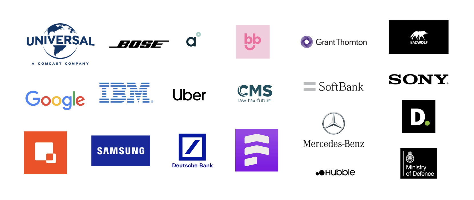 A collection of corporate logos, including Universal, Bose, Amazon, bb, Grant Thornton, Bad Wolf, Google, IBM, Uber, CMS, SoftBank, Sony, Daimler, D. (Dundee), Mercedes-Benz, Ministry of Defence, Samsung, Deutsche Bank, Hubble, and others.