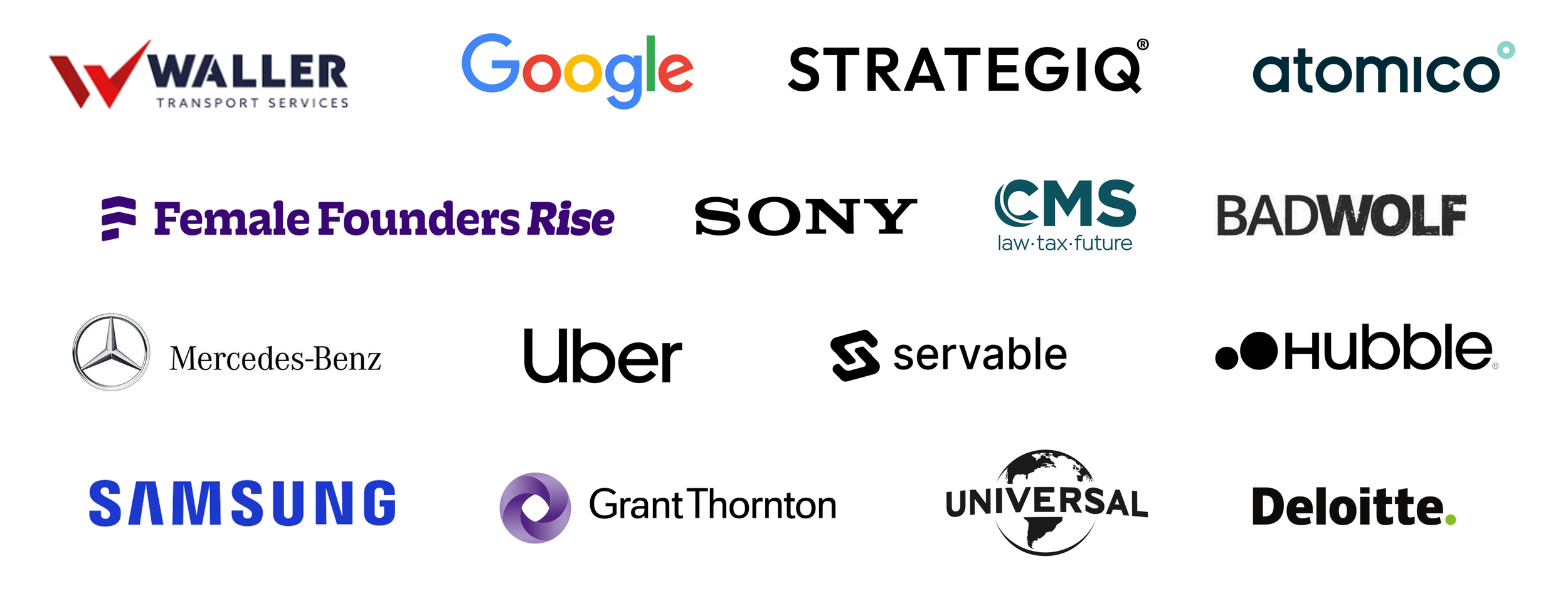 Logos of various companies, including Waller Transport Services, Google, Strategiq, Atomico, Female Founders Rise, Sony, CMS, Badwolf, Mercedes-Benz, Uber, Servable, Hubble, Samsung, Grant Thornton, Universal, and Deloitte.