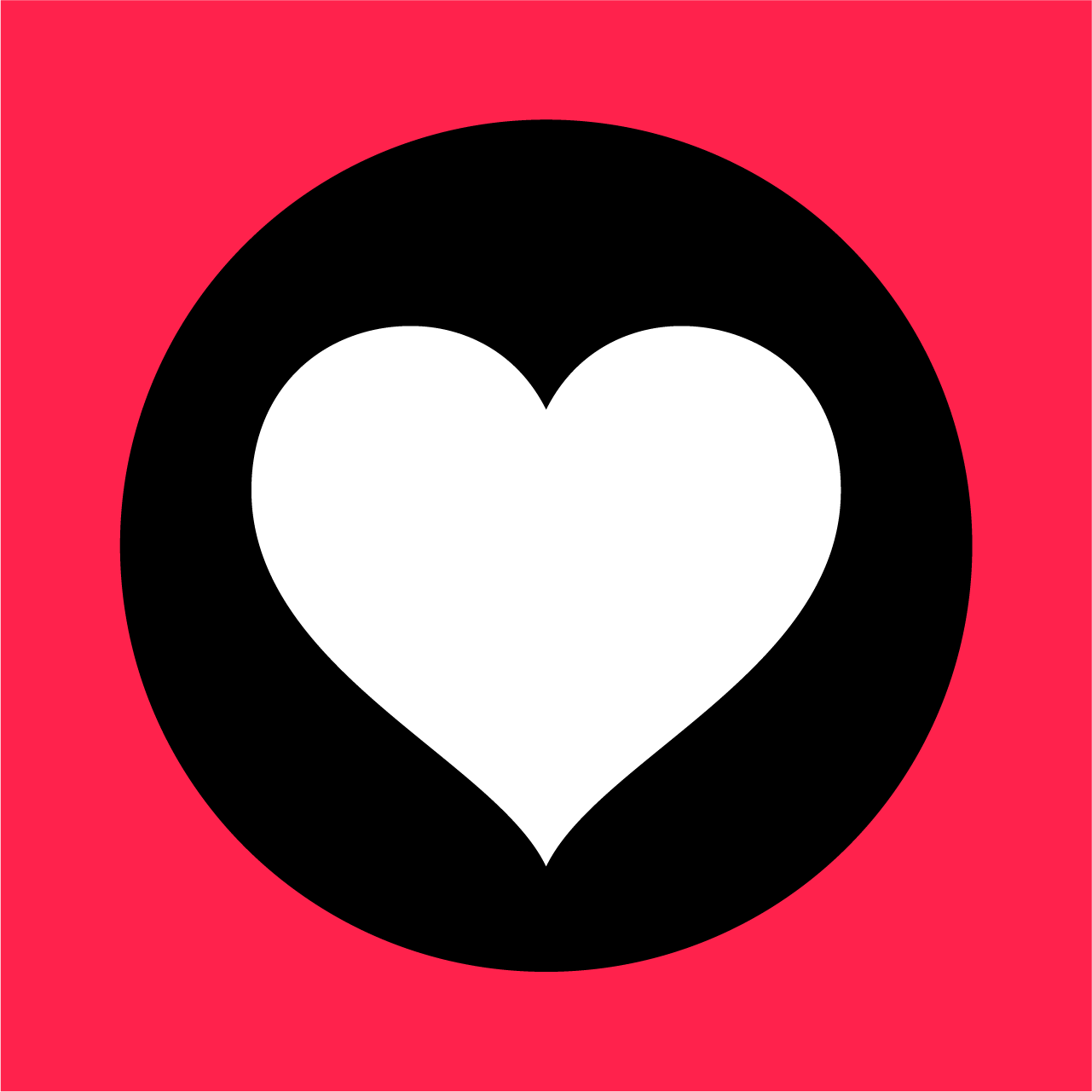 A stylized white heart inside a black circle on a pink background.