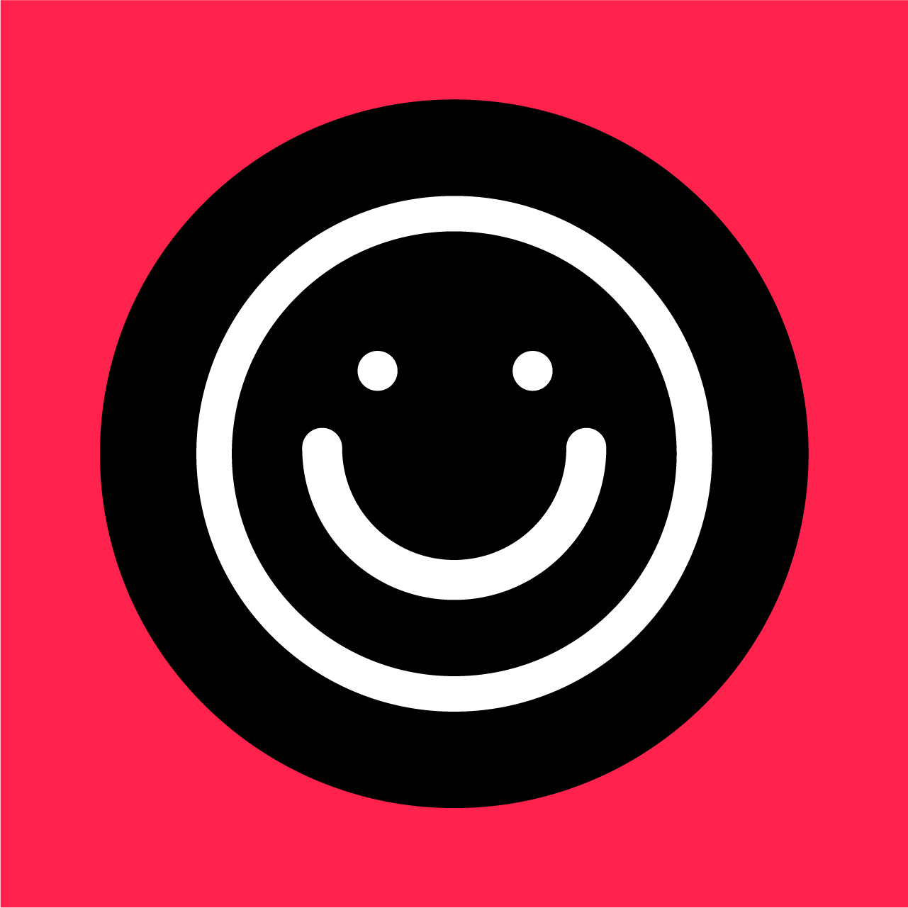 A graphic design with a black circle featuring a smiling face inside, set against a red background.