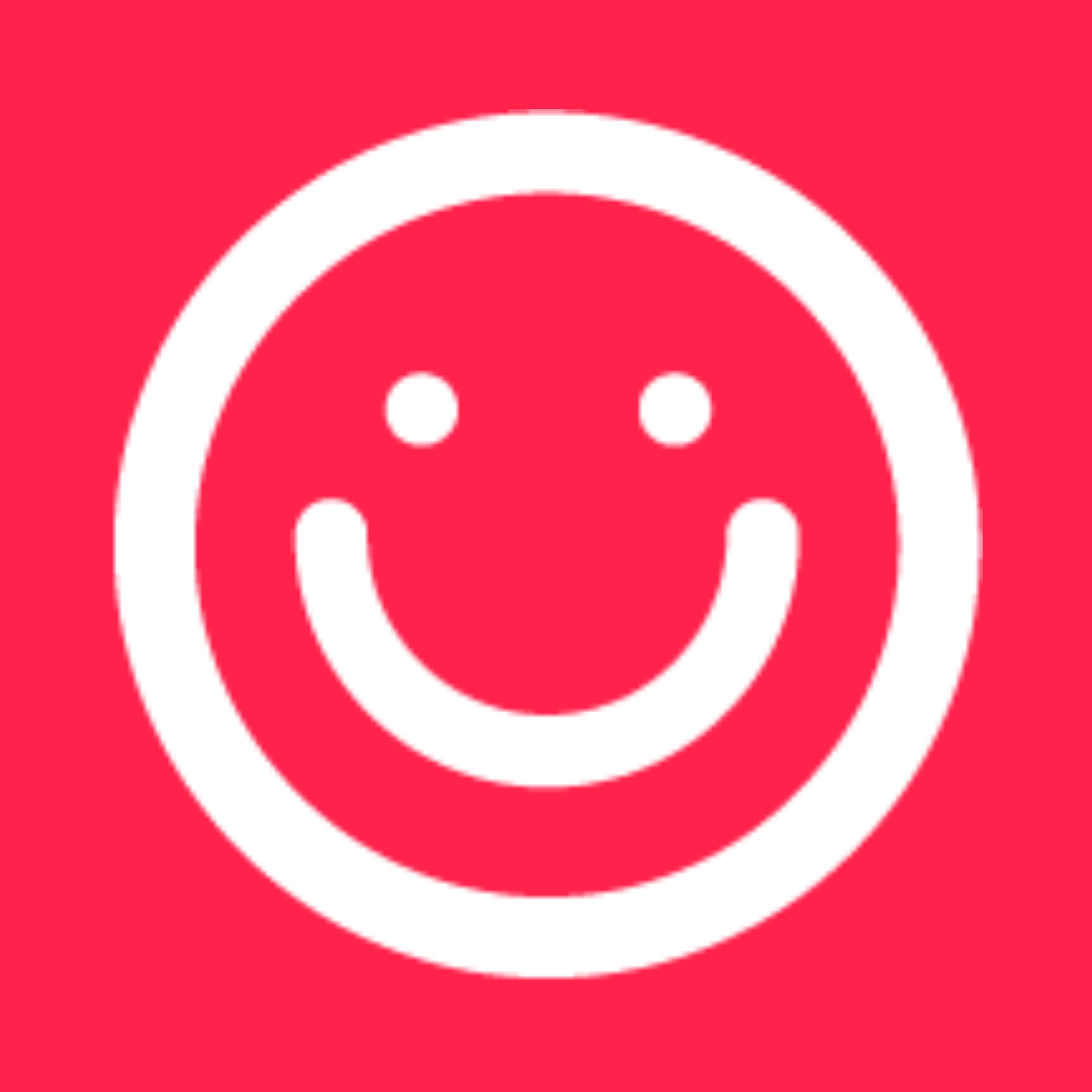 Red background with a white smiley face logo