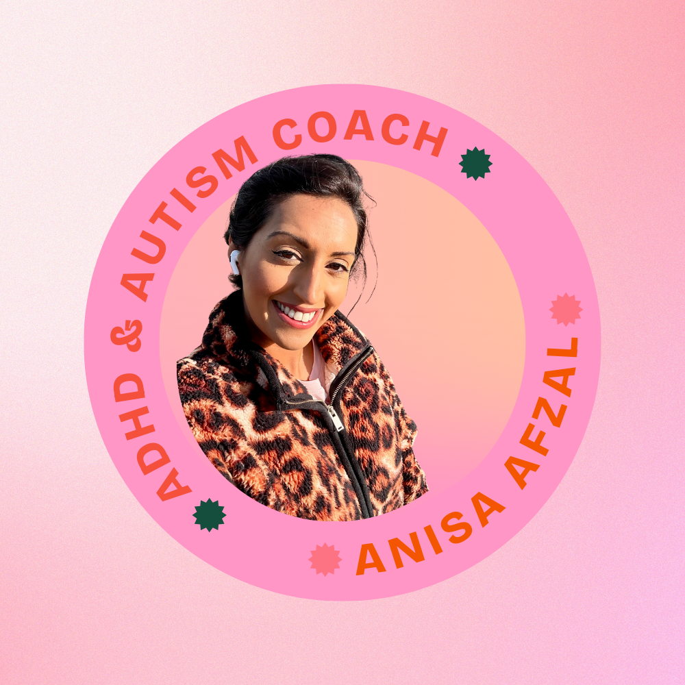 A woman with dark hair smiling, wearing a leopard print zip-up jacket, with a pink background. Text around her reads 'Autism Coach' and 'Anisa Afzal'.