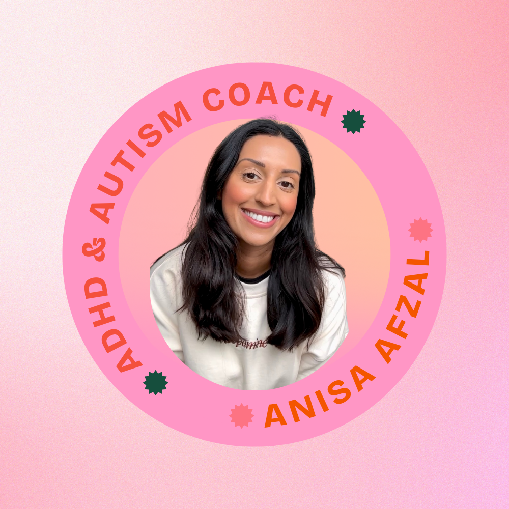 A smiling woman with long dark hair and a cream-colored top, surrounded by a pink circular border with the text "Autism Coach Anisa Afzal" in red capital letters and decorative star shapes, against a pink gradient background.