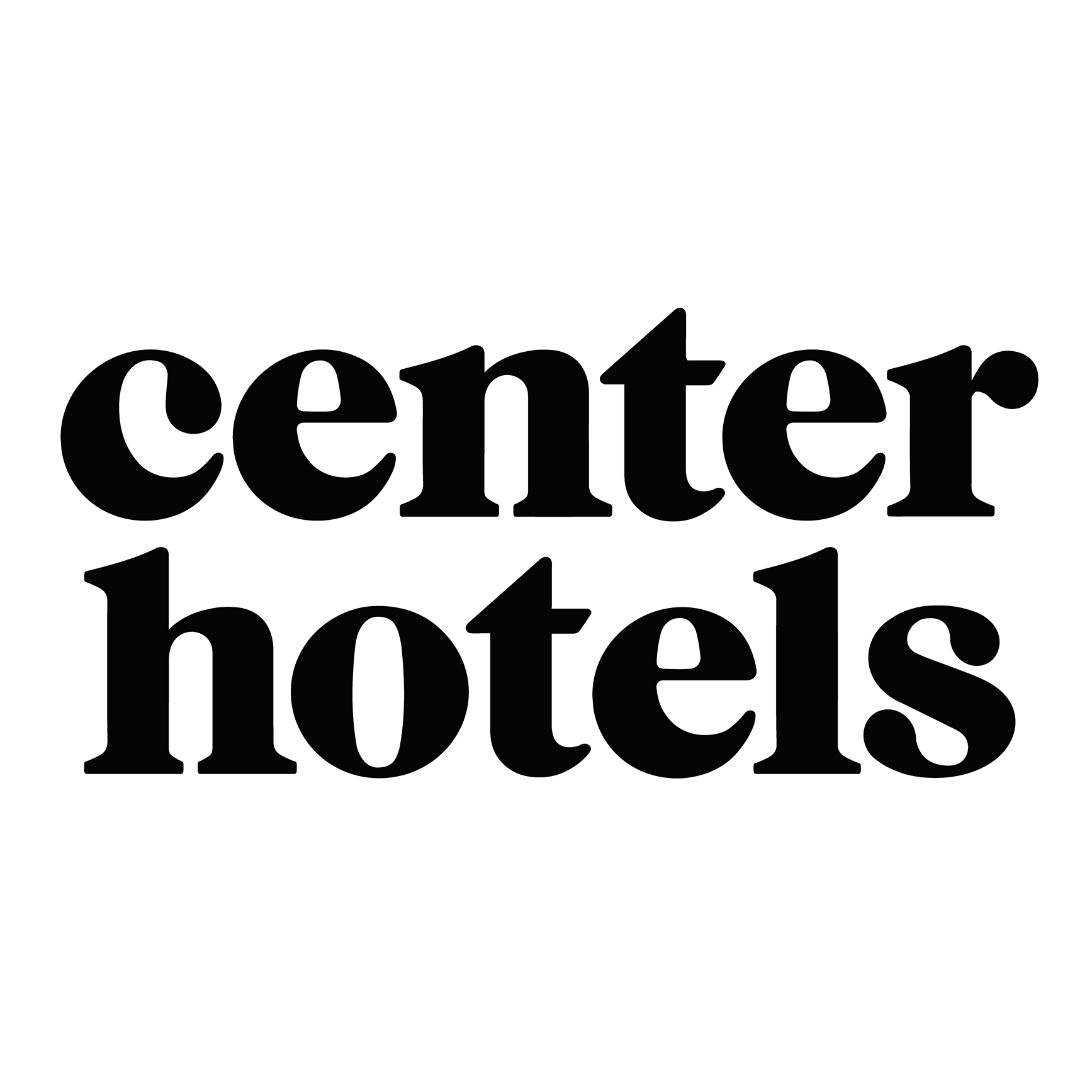 Large black text spelling 'center hotels' on a white background.