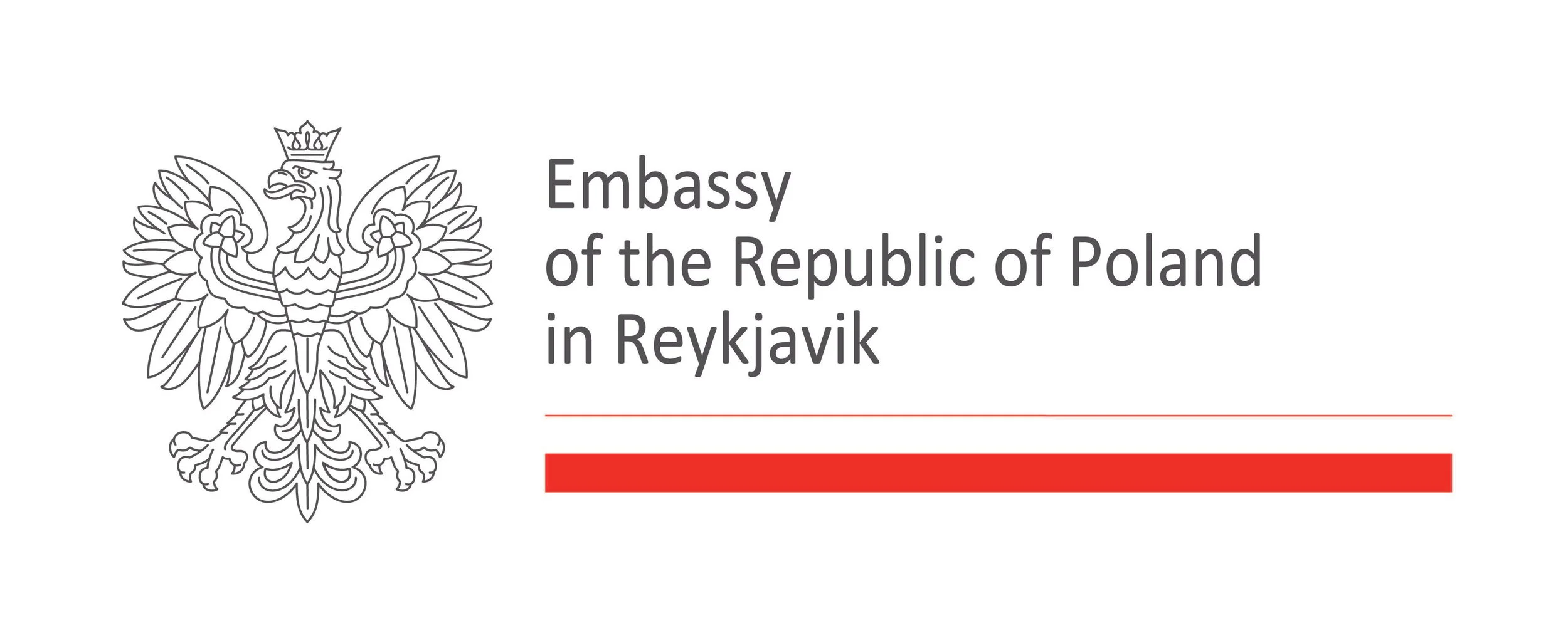 Logo of the Embassy of the Republic of Poland in Reykjavik, featuring a crowned eagle emblem and text.