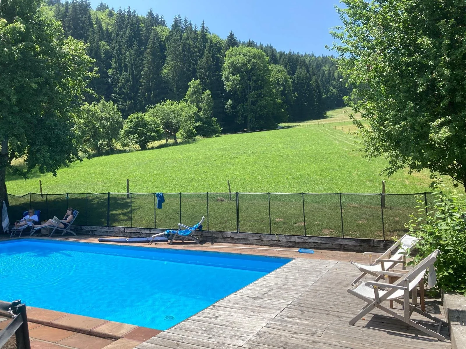 A backyard with a swimming pool, surrounded by a fence, with mountains and cloudy sky in the background, and a wooden house behind the pool.