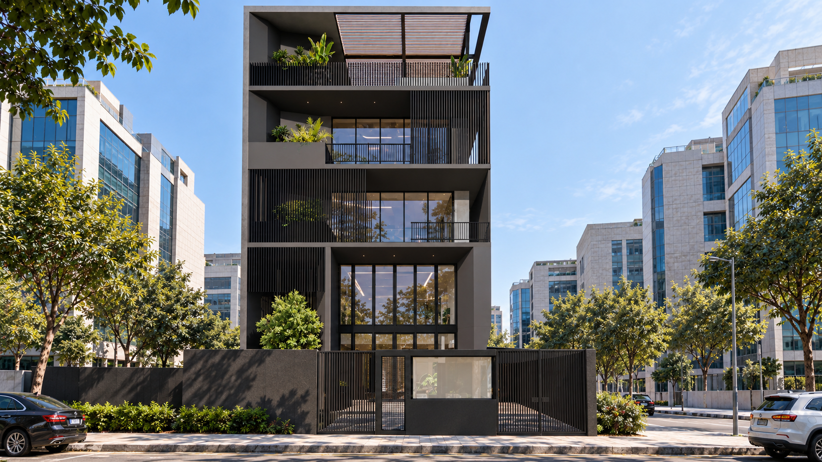 AWC office building in Noida: dark framed façade with glazing and planted balconies