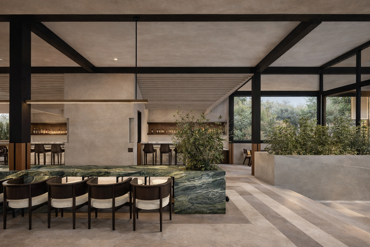 Ginger and Garlic, Noida, Delhi NCR, Hospitality, Restaurant, Bar, RestoBar, Minimal, Natural materials, Interiors, Studio Dashline, Bangalore, Architecture, India, Landscape