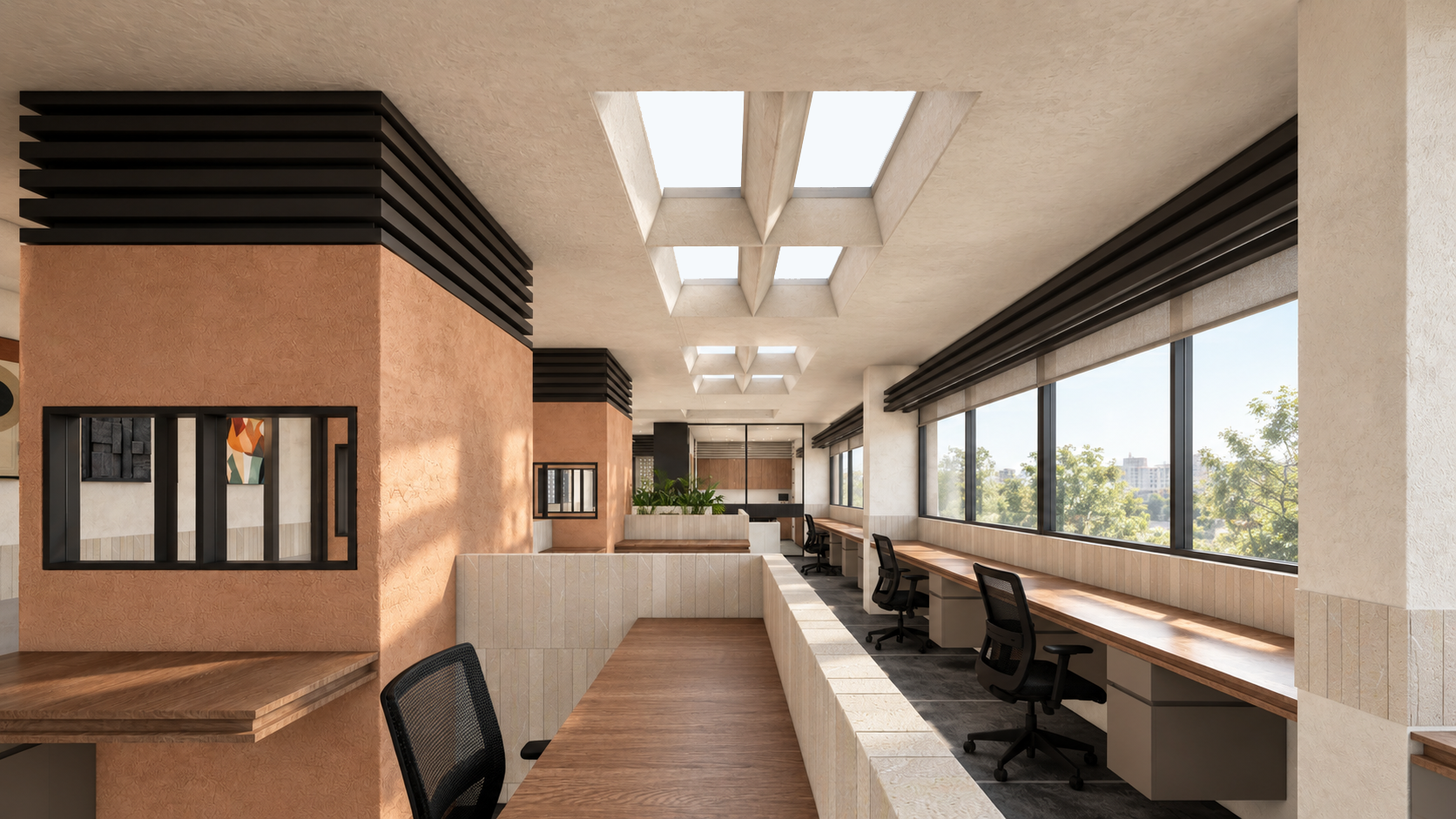 AWC in Noida: long perimeter worktable beside a timber toned enclosure