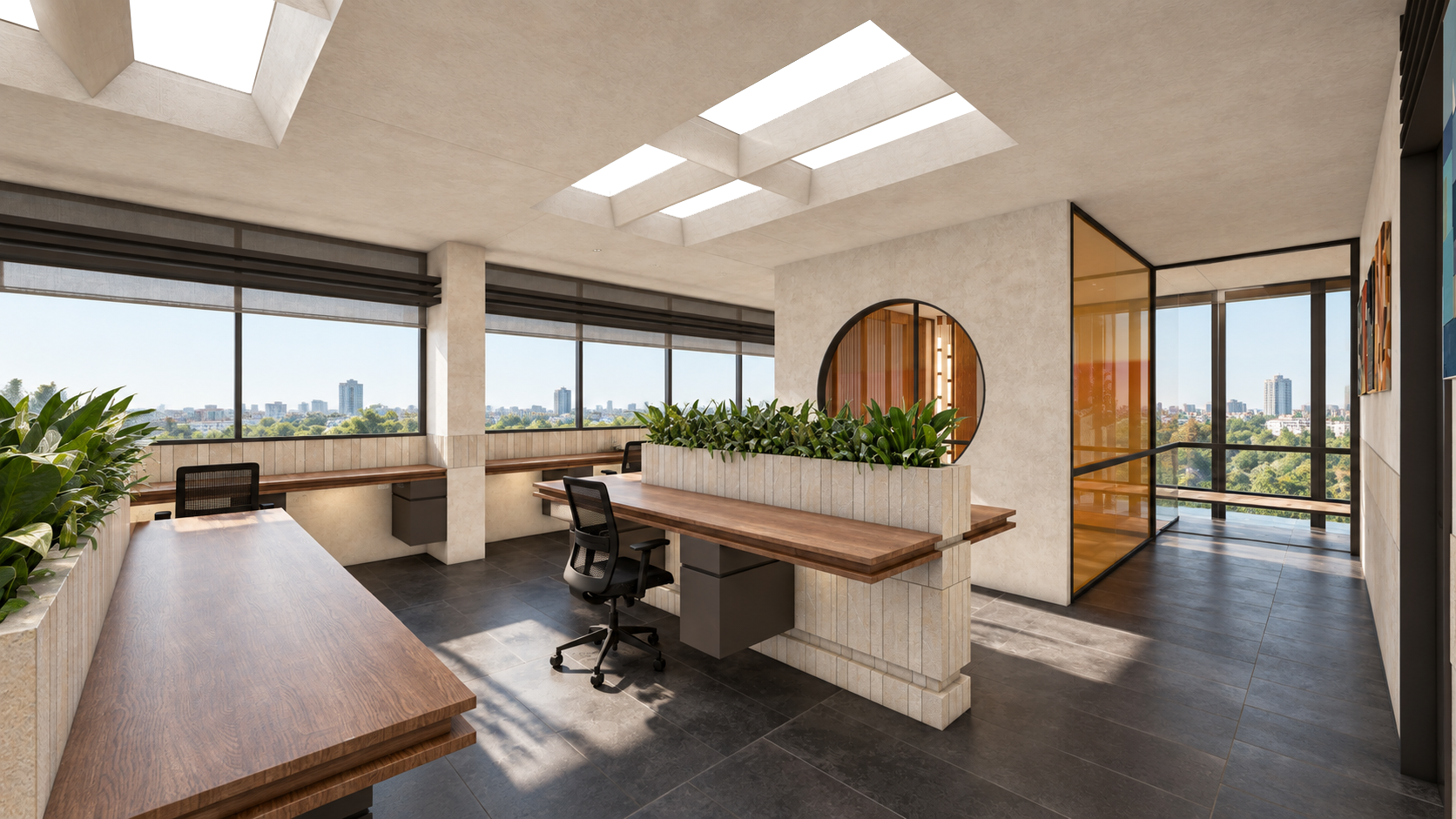 AWC in Noida: corner workstation area with wide glazing and ceiling light panels