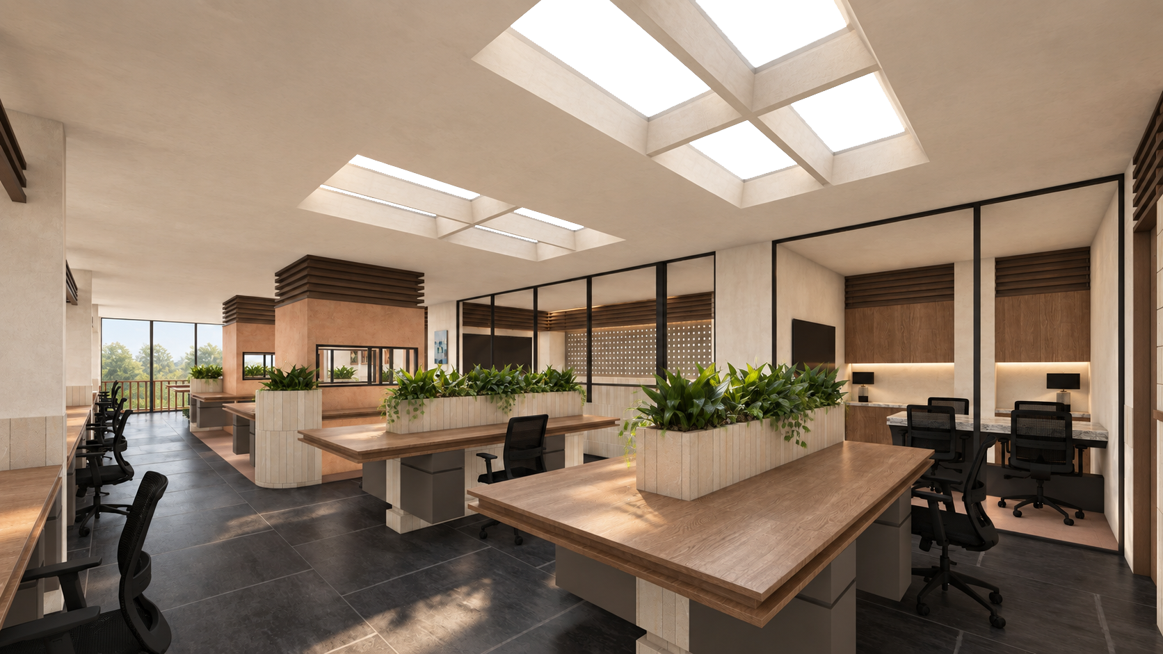AWC in Noida: open workstation area facing glazed meeting rooms