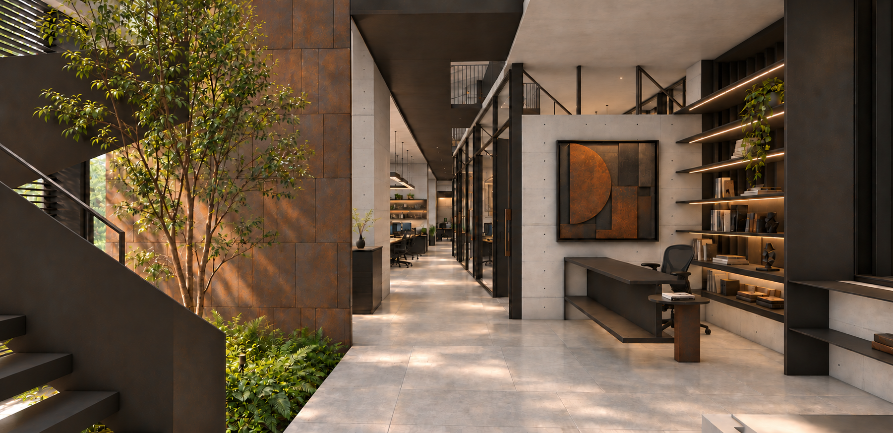 Metal Forge in Ballari: planted courtyard and library shelving beside a metal staircase