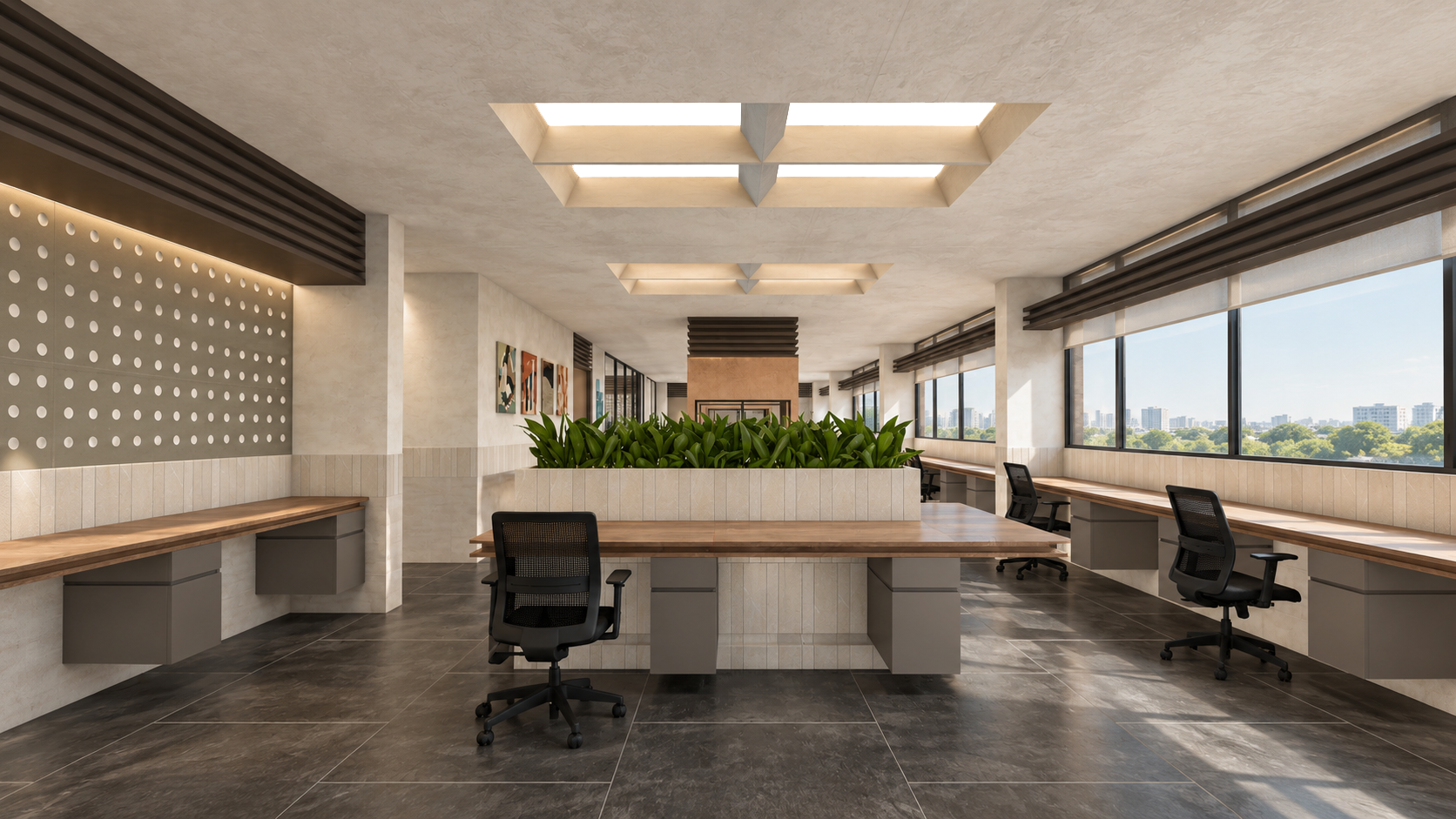 AWC in Noida: central worktable between perimeter desks and ceiling light panels