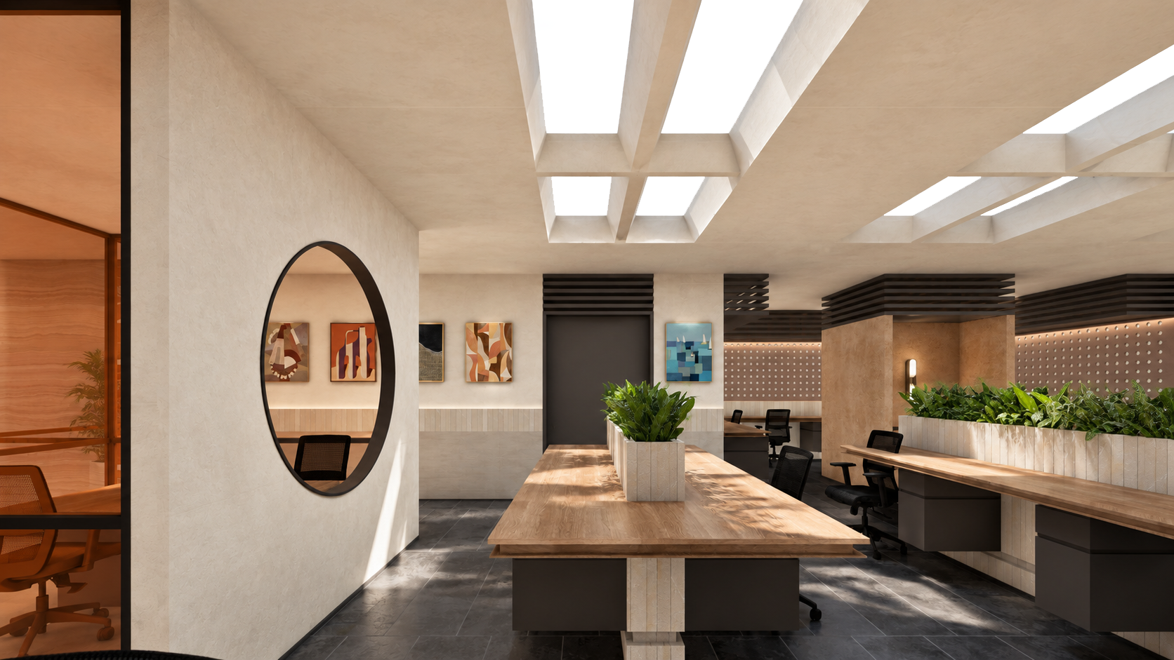 AWC in Noida: worktable beside a circular window and luminous ceiling panels