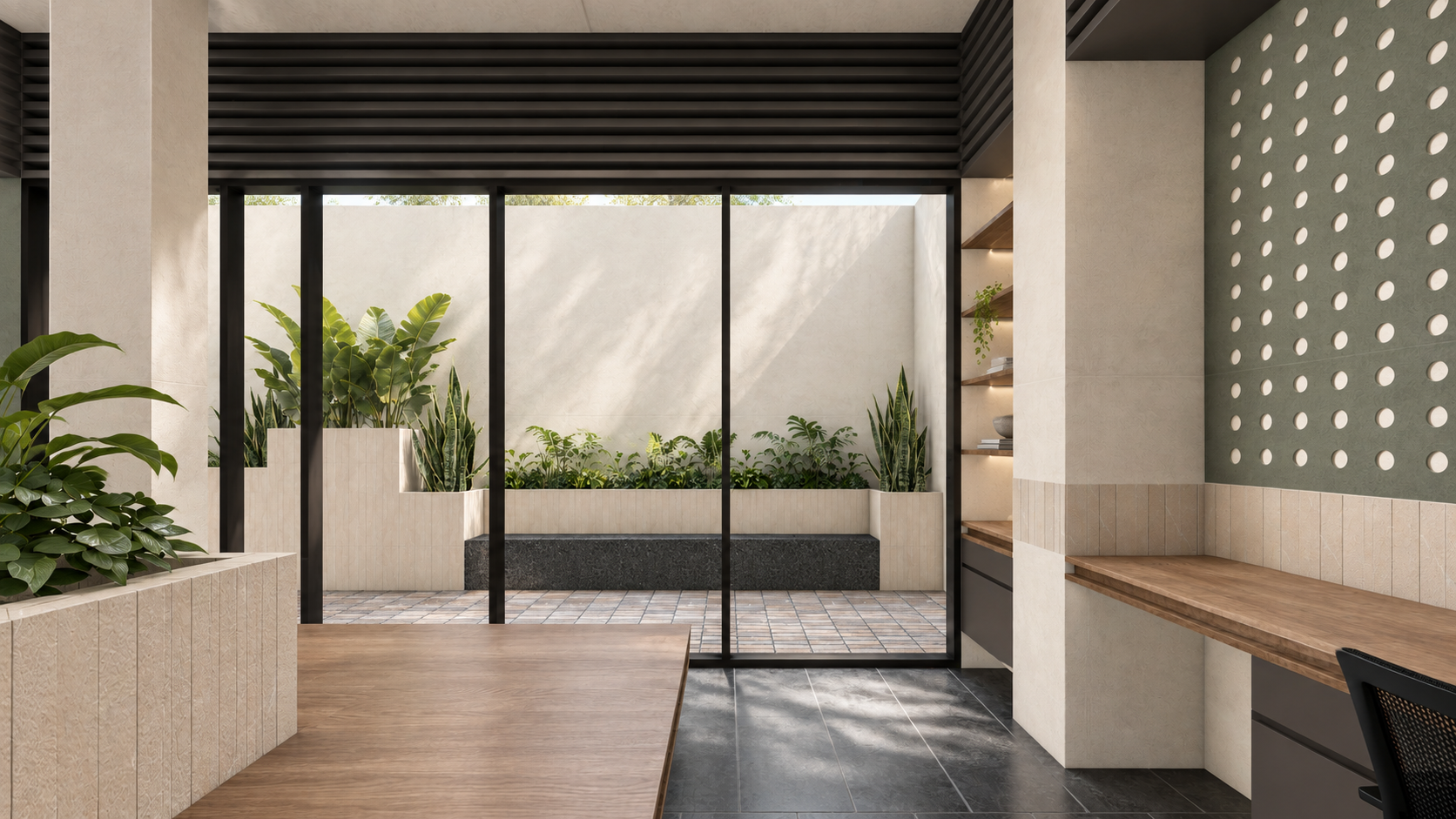 AWC in Noida: glazed edge with built-in planters and a worktable