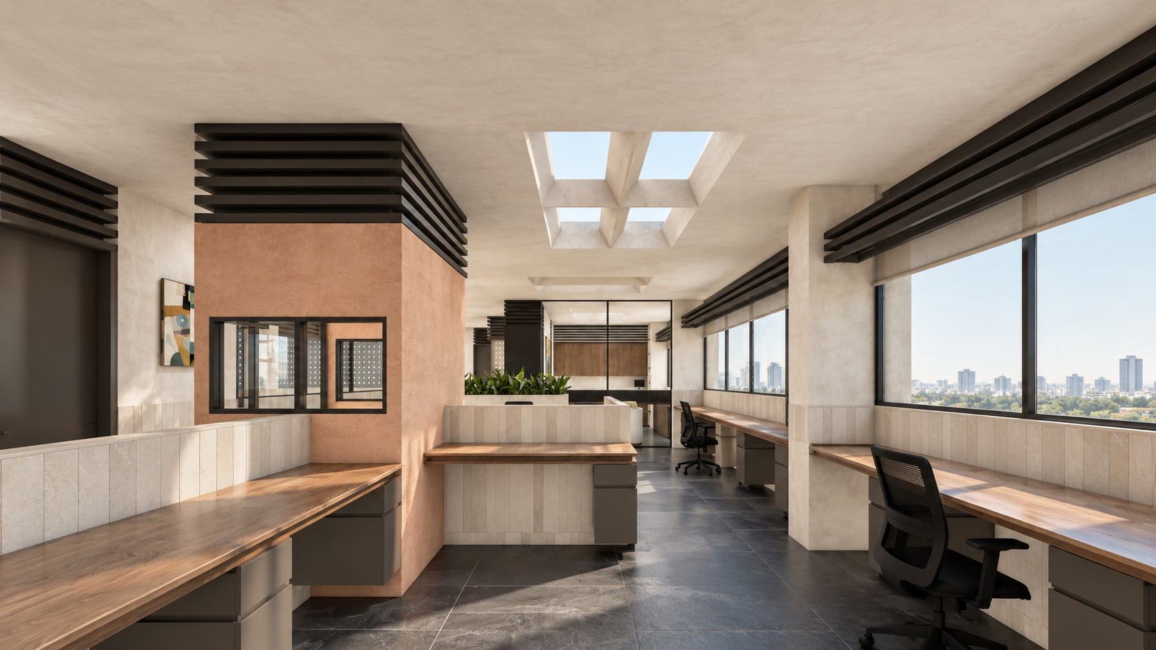 AWC in Noida: workplace aisle between perimeter desks and an internal room