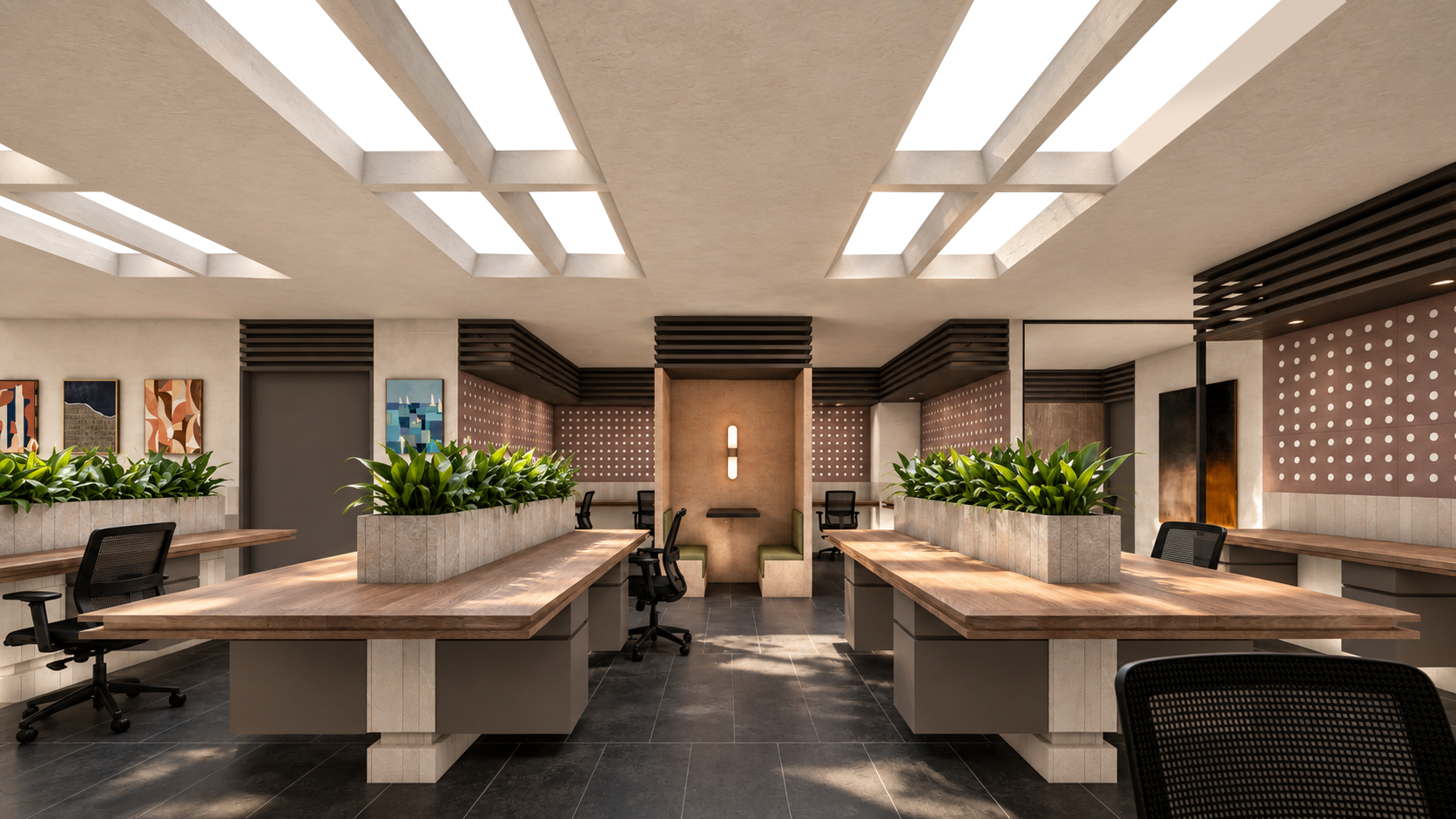 AWC in Noida: open workplace beneath rectangular stretch ceiling lights