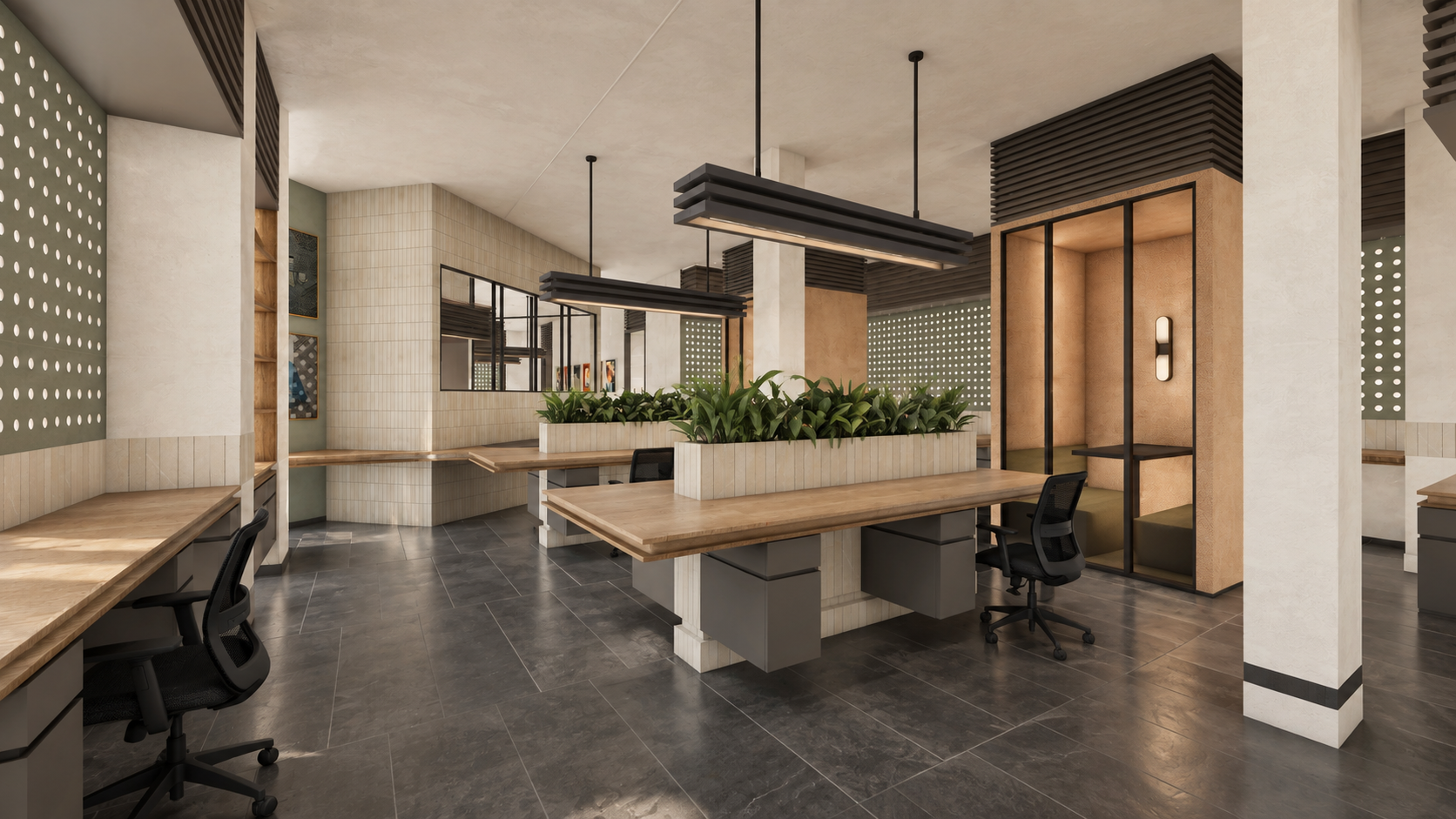 AWC in Noida: shared worktables framing the passage to a timber toned door