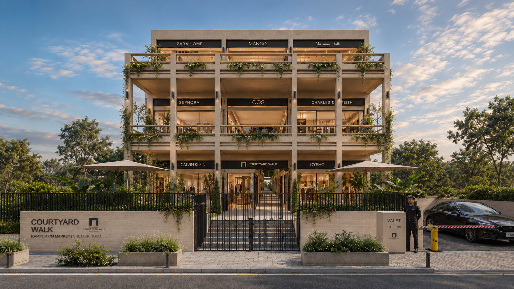 The Courtyard Walk in Noida: planted retail façade and entrance