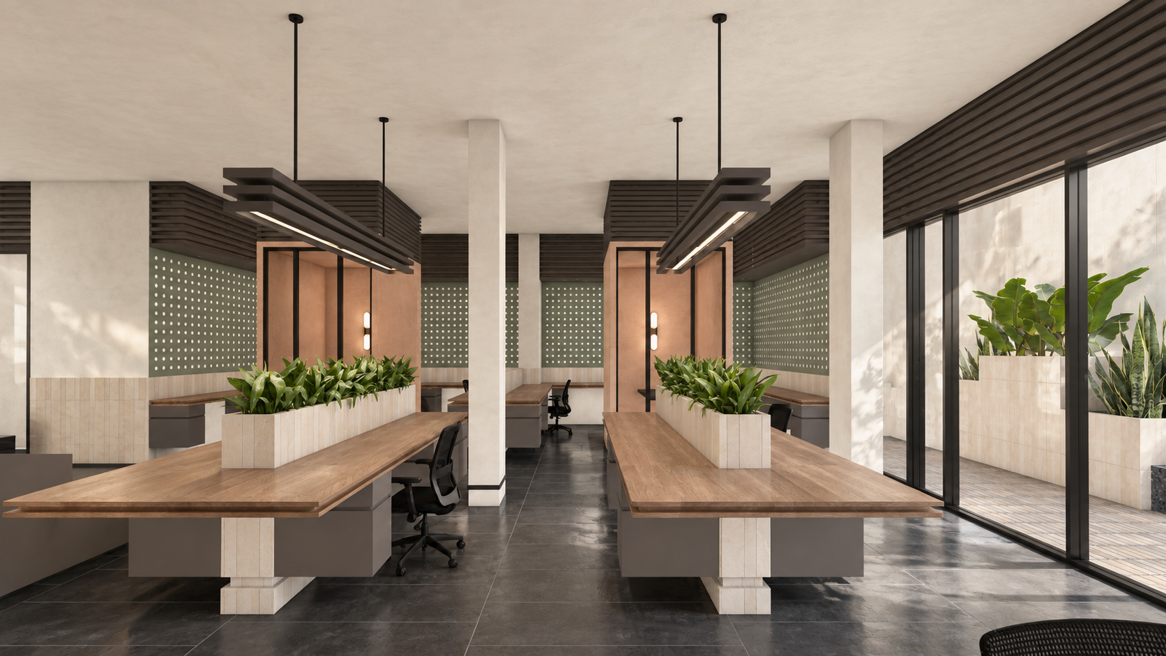 AWC in Noida: two shared worktables facing a glazed wall