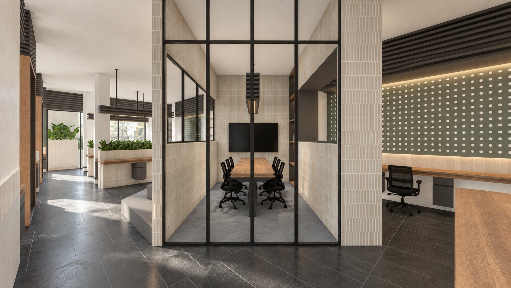 AWC in Noida: glass enclosed meeting room between shared workspaces