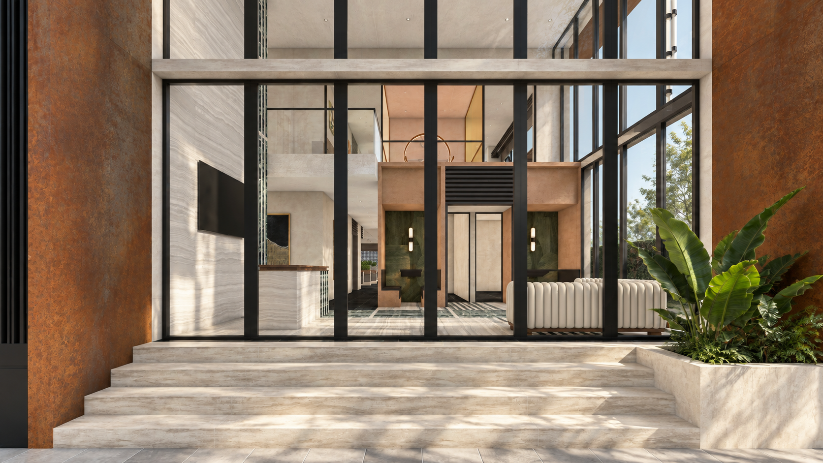 AWC in Noida: glazed entrance with steps and planted edges