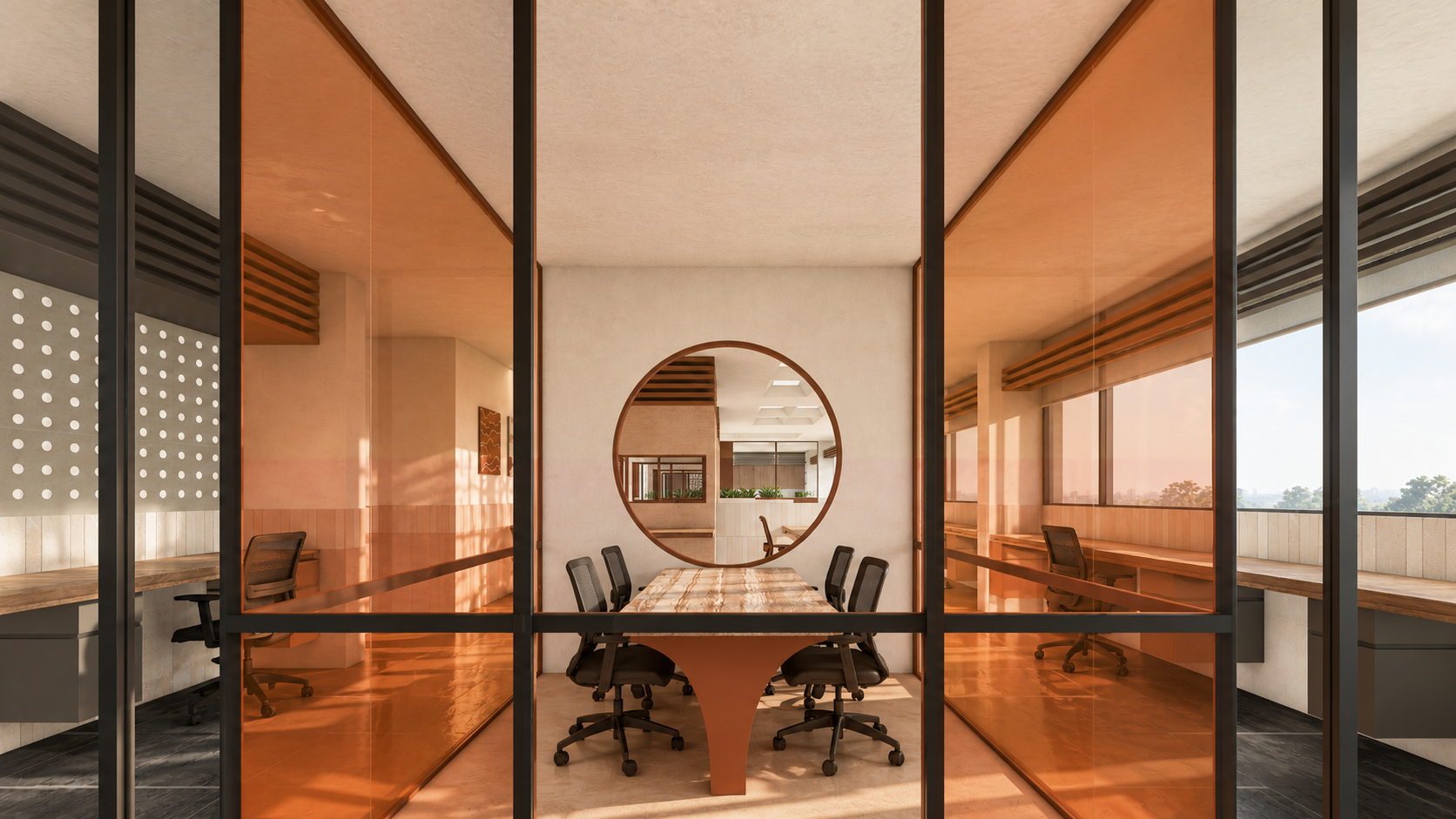 AWC in Noida: meeting space framed by glazing and a circular internal window