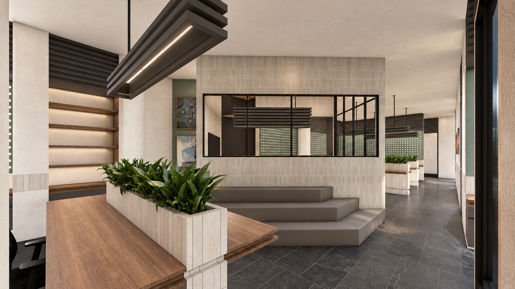 AWC in Noida: worktable beside a stepped sitting area and meeting room glazing