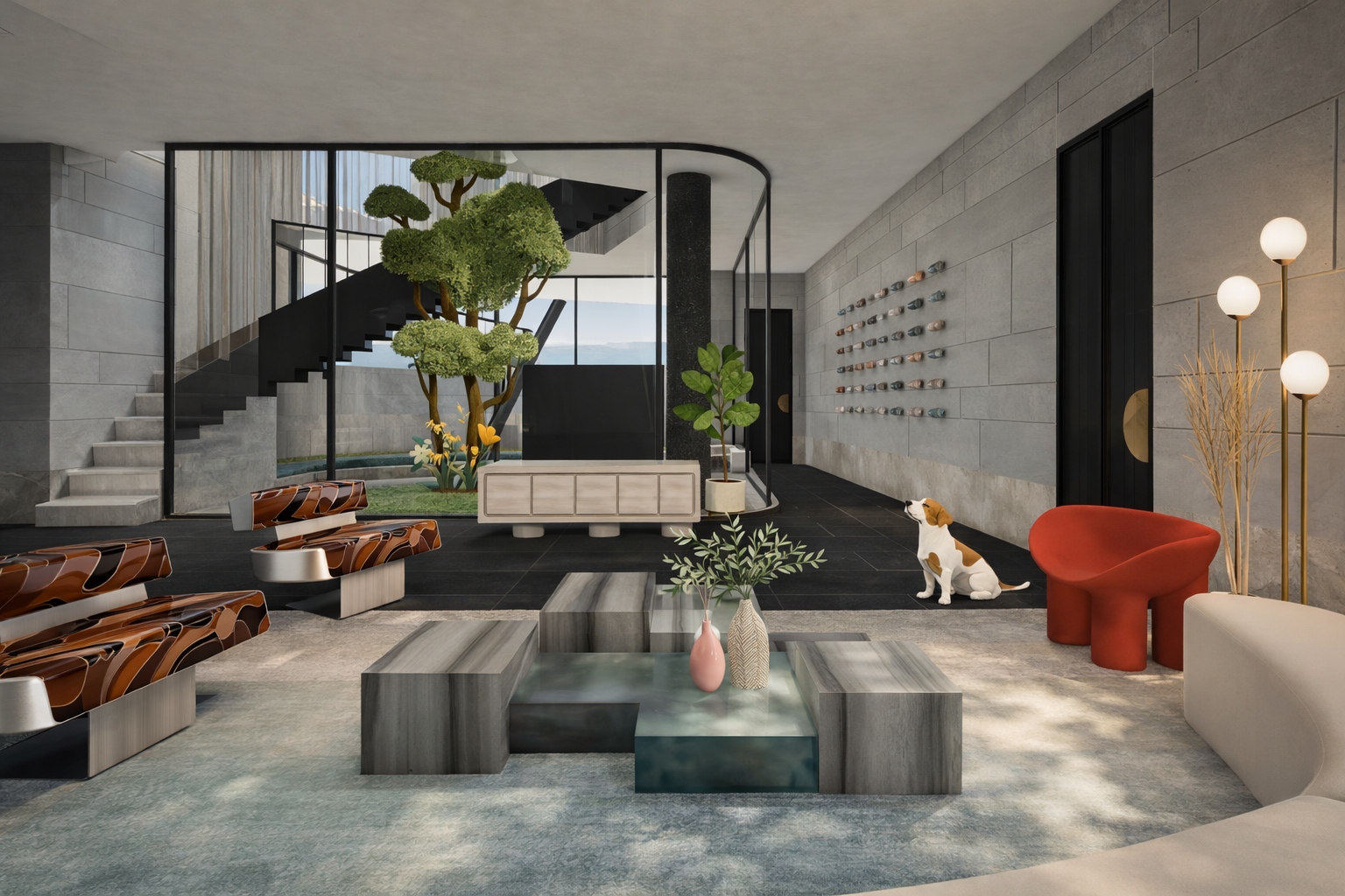 Modern living room with green indoor plants, a dog sitting on the floor, and stylish furniture including a white sofa, red chair, and geometric coffee table.