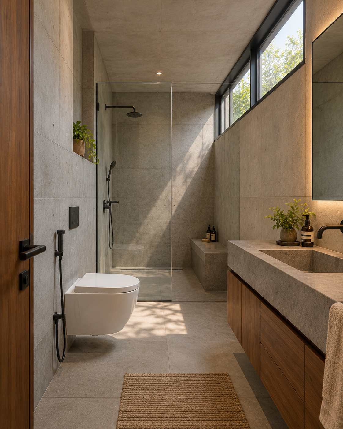 Clerestory-lit compact stone bathroom-6.png