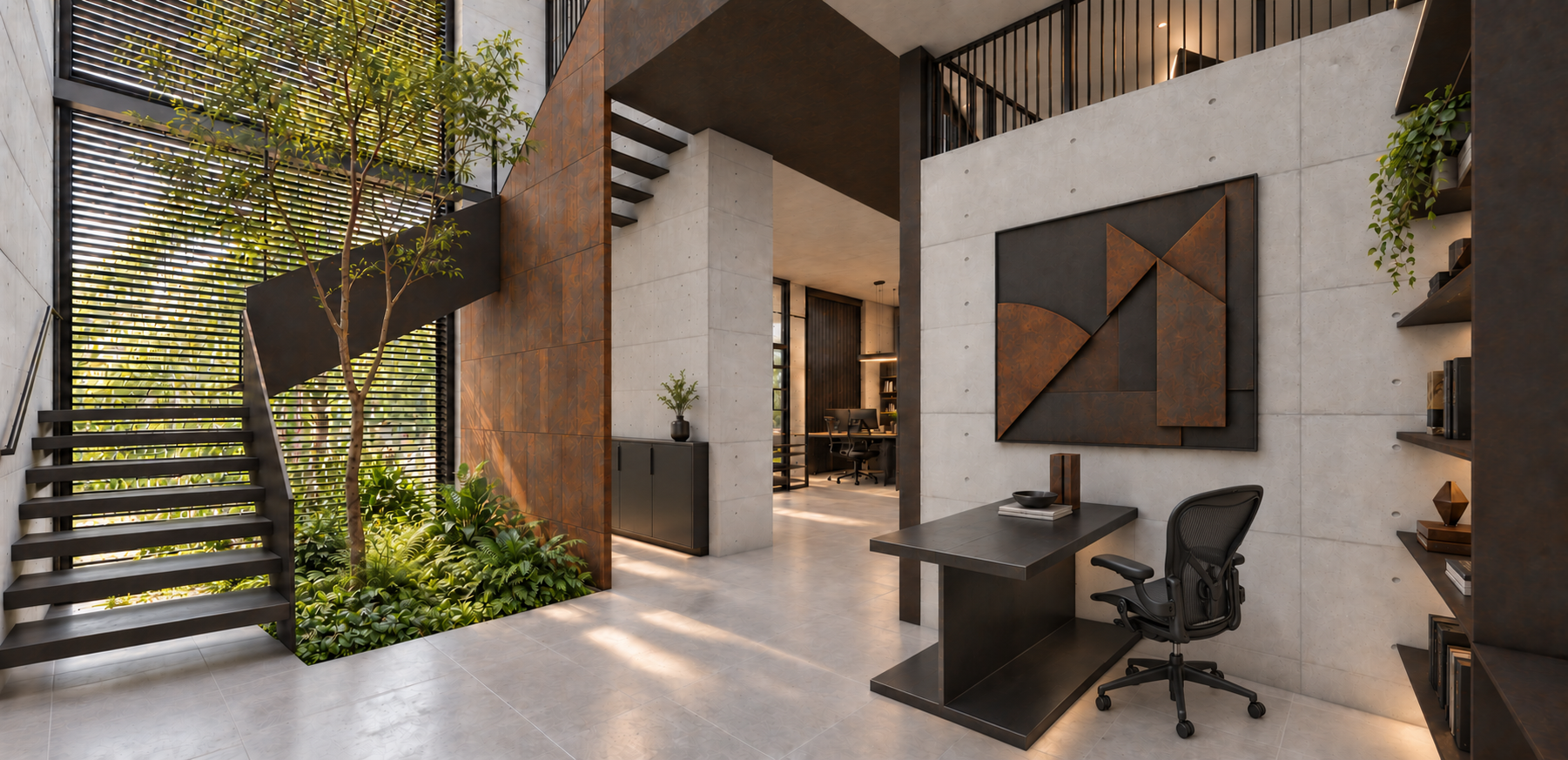 Metal Forge in Ballari: courtyard, metal staircase and office workspaces