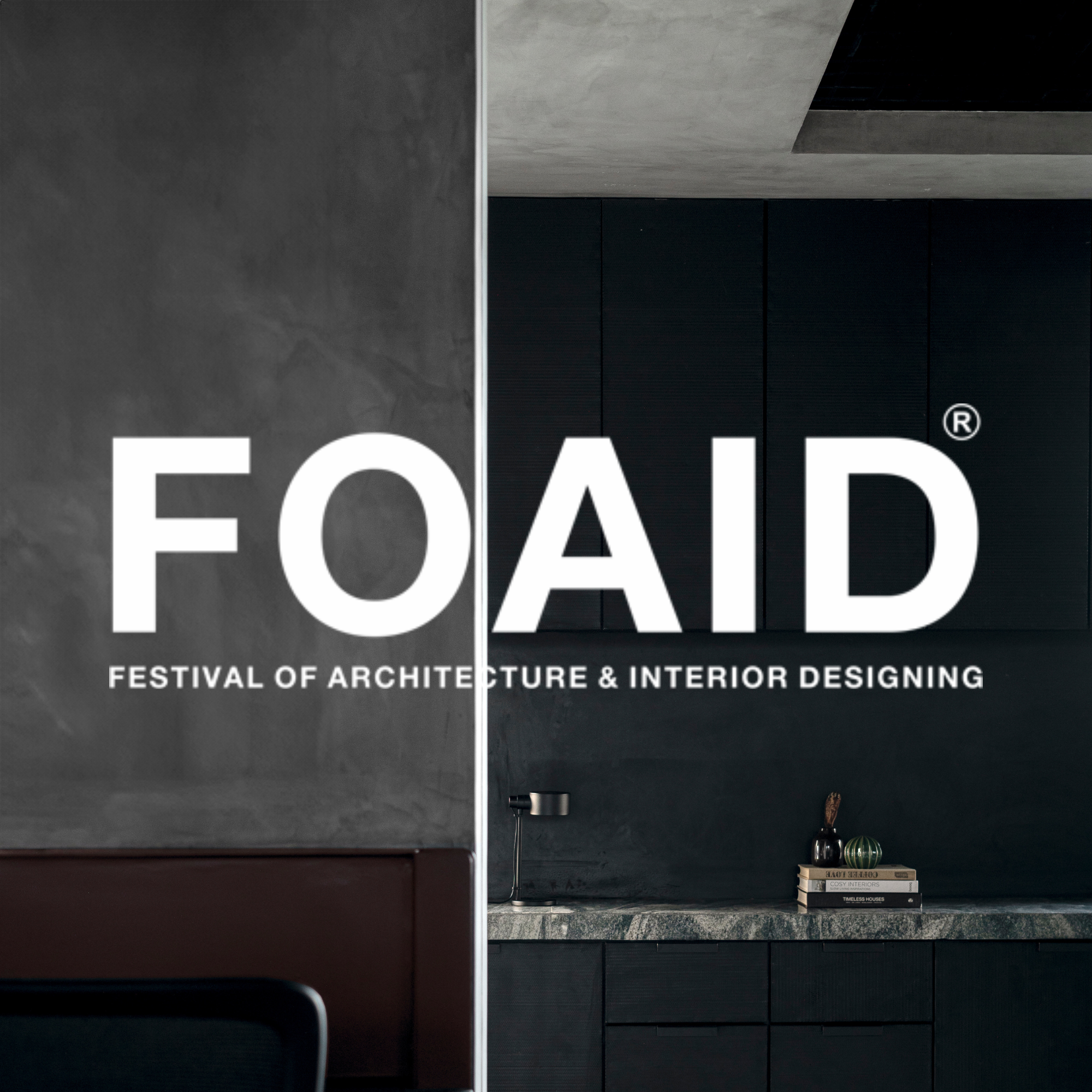 The image features a modern interior with dark cabinetry and a marble countertop. Overlaid text reads 'FOAID' with 'Festival of Architecture & Interior Designing' underneath, indicating an event related to architecture and interior design.