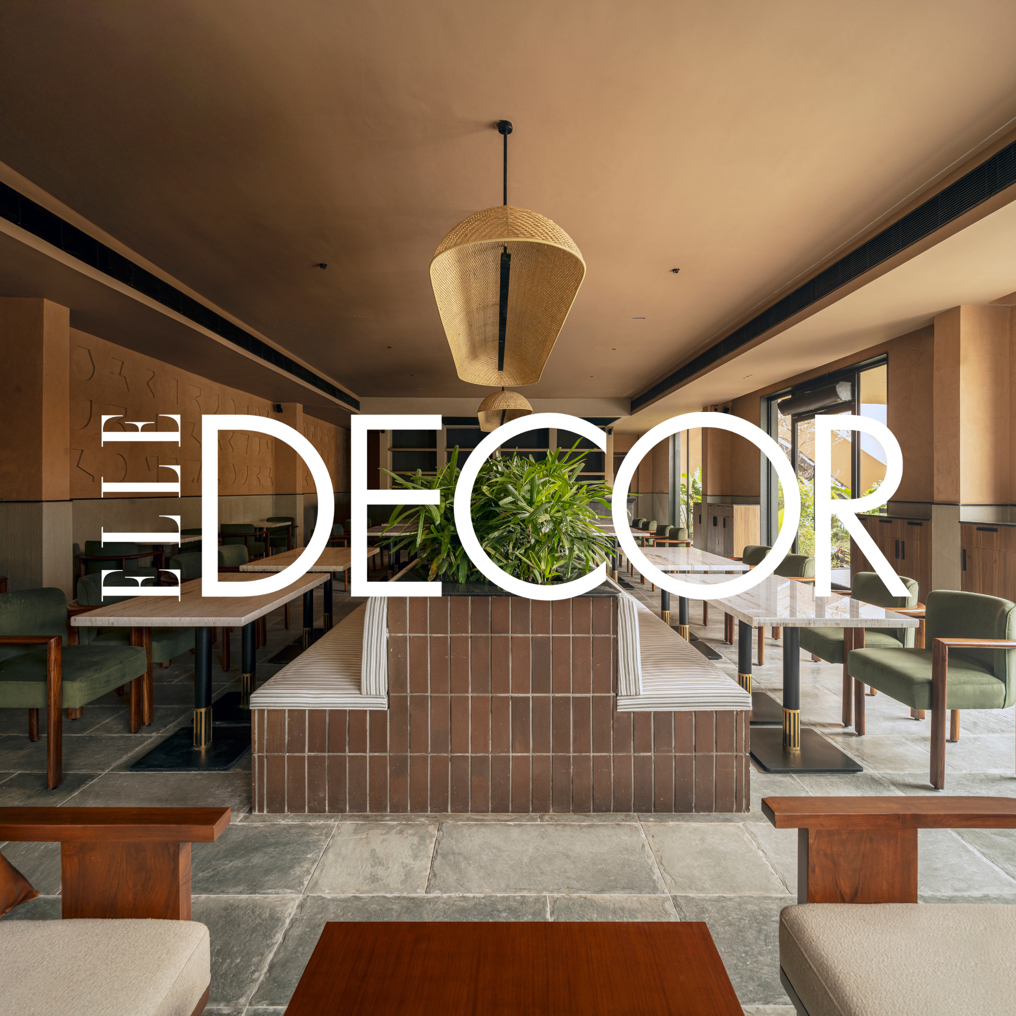 Interior of a modern restaurant with green chairs, white tables, a large plant in the center, pendant lights, and large windows letting in natural light.