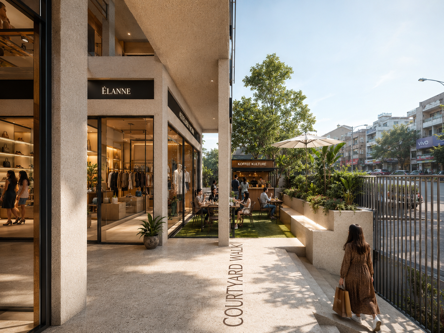 The Courtyard Walk in Noida: front deck beside glazed shops and a planted compound