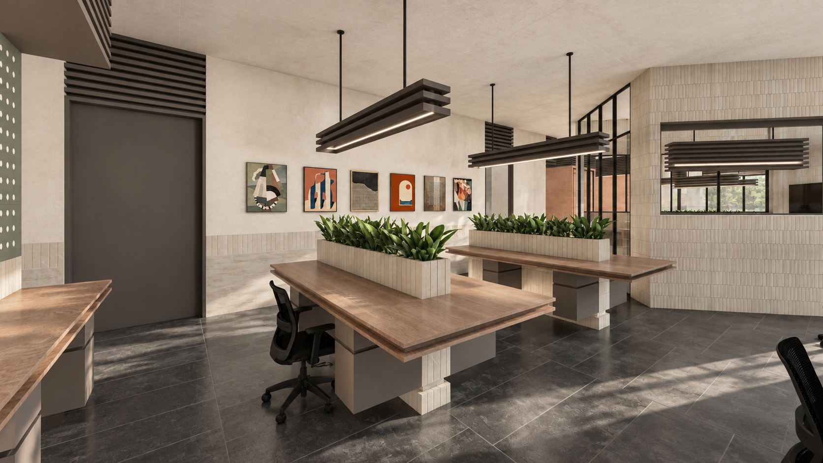 AWC in Noida: paired worktables with integrated planters