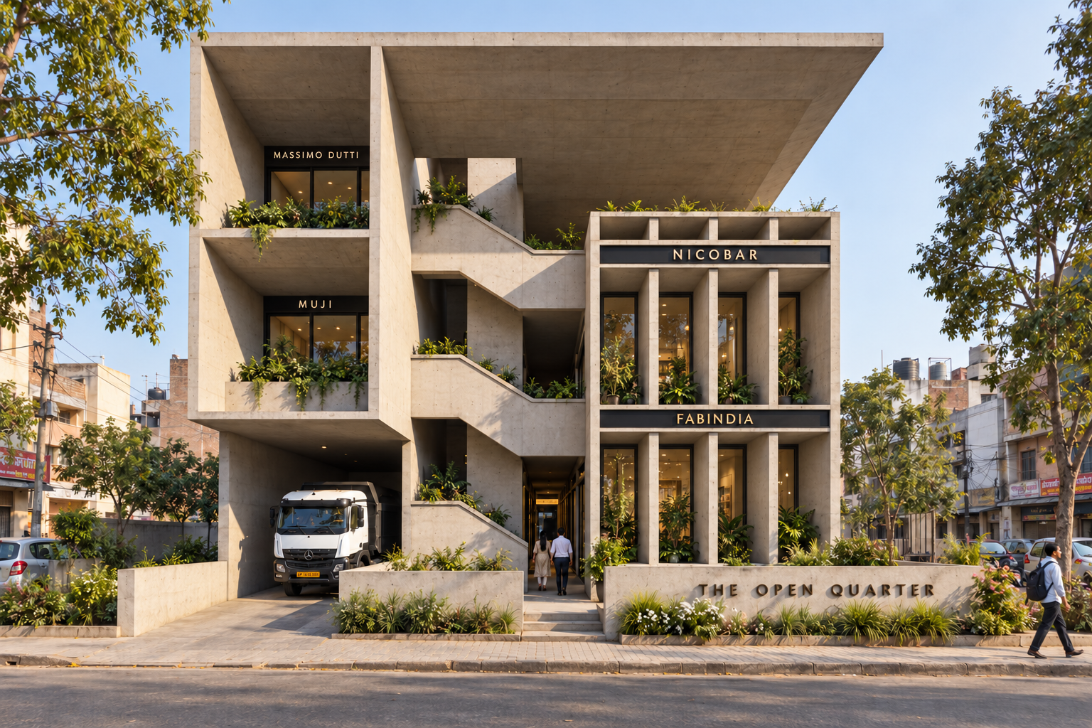 The Open Quarter in Dadri: proposed street frontage, staircase and truck passage