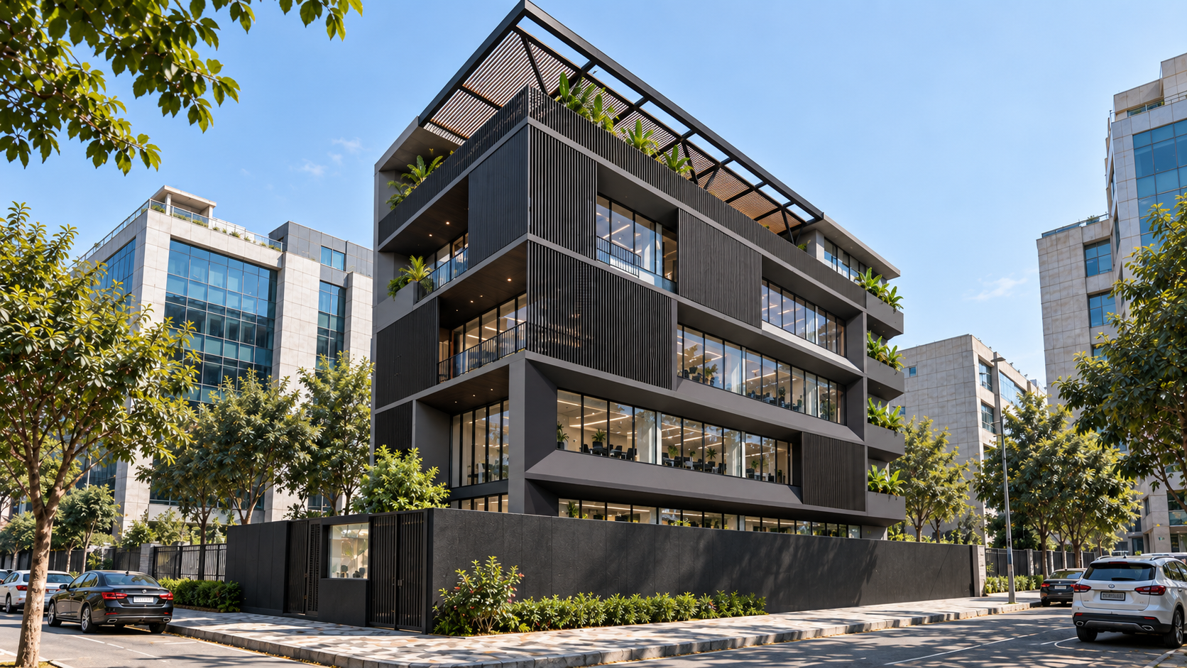 AWC office building in Noida: corner view of the dark façade and planted ledges