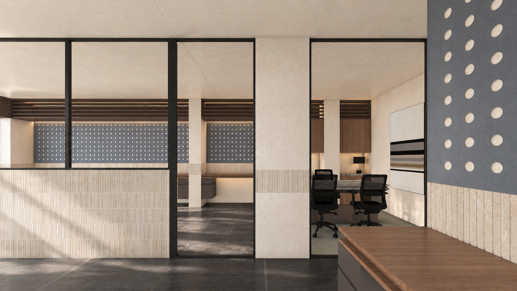 AWC in Noida: glazed office room and passage beside a perforated screen