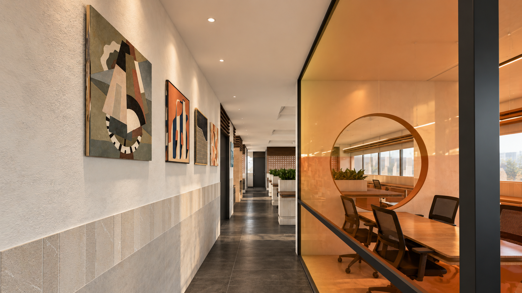 AWC in Noida: office passage beside a circular meeting room window